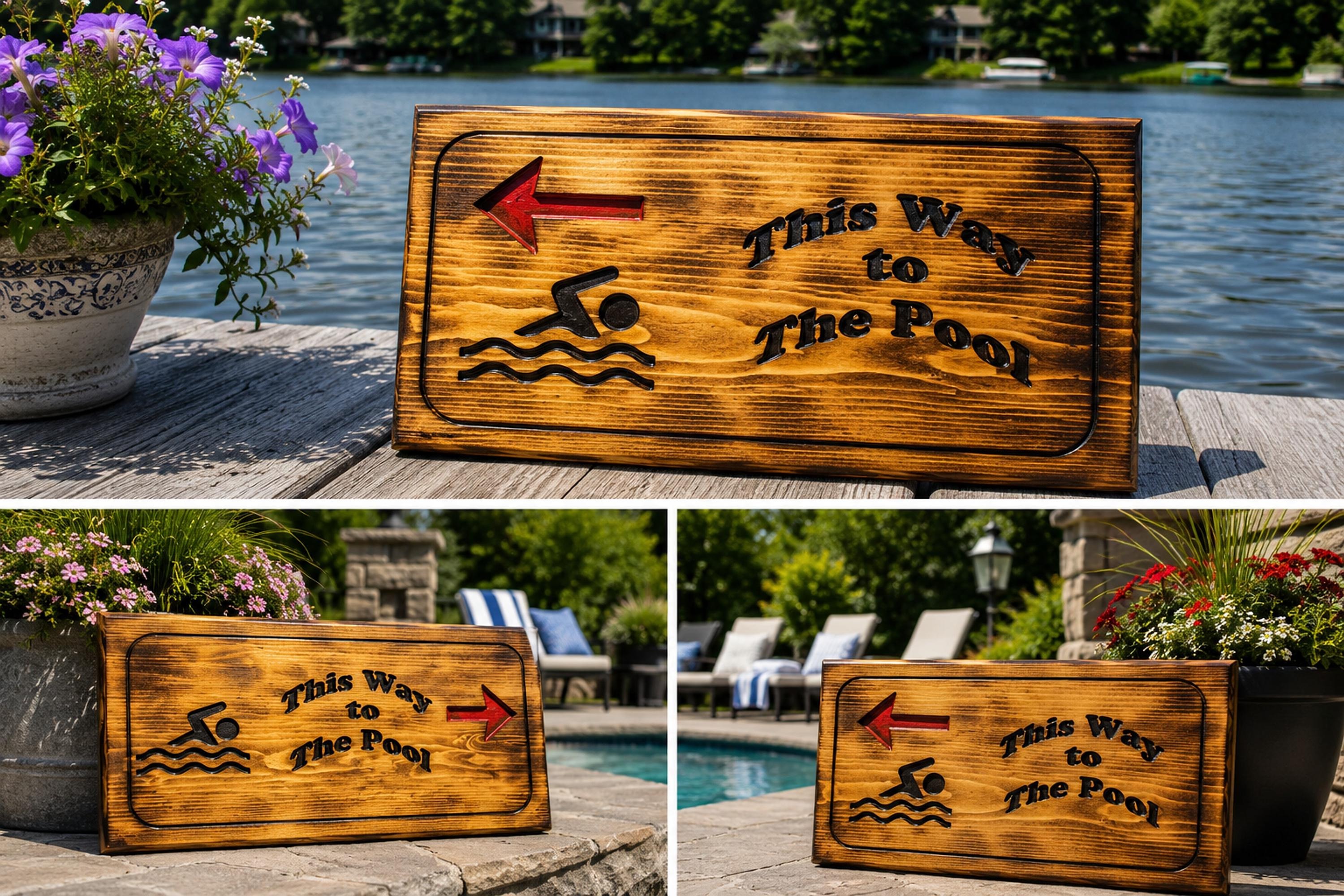 Directional Sign, Pine Pool Marker with Red Arrow and Swimmer Graphic, view 7