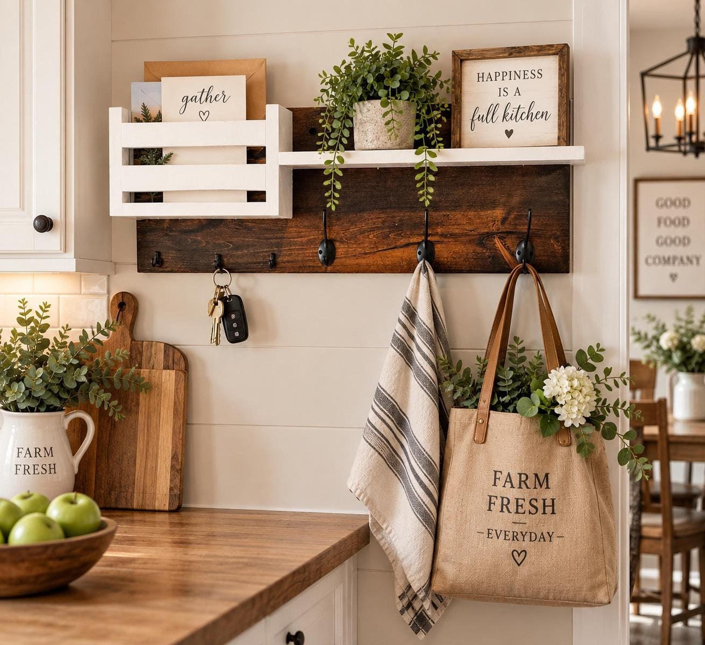 White farmhouse entryway bench and wall organizer set