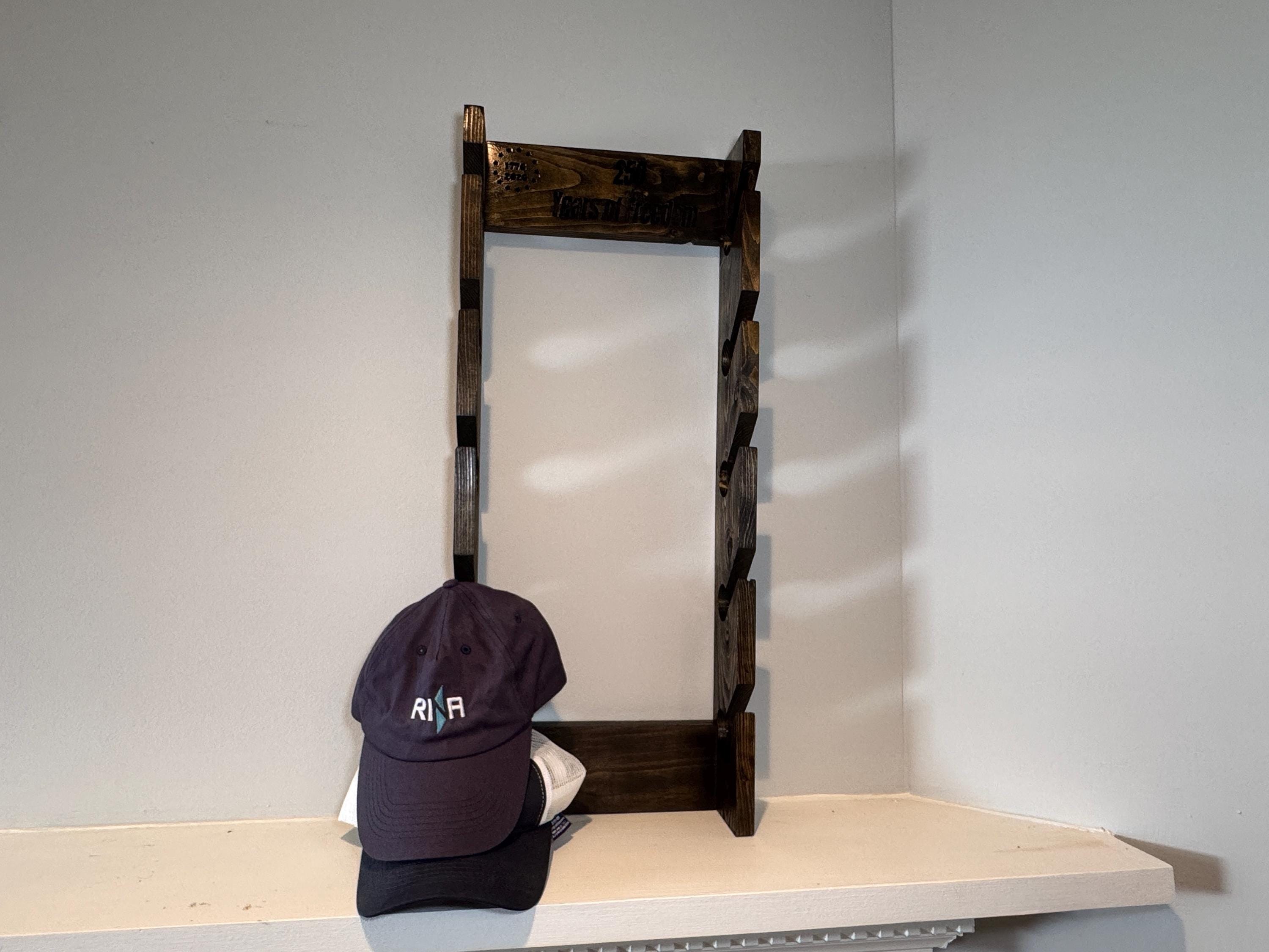 Personalized Baseball Cap Rack, Engraved Wood Organizer, Patriotic 250 Years Freedom Holder, view 14