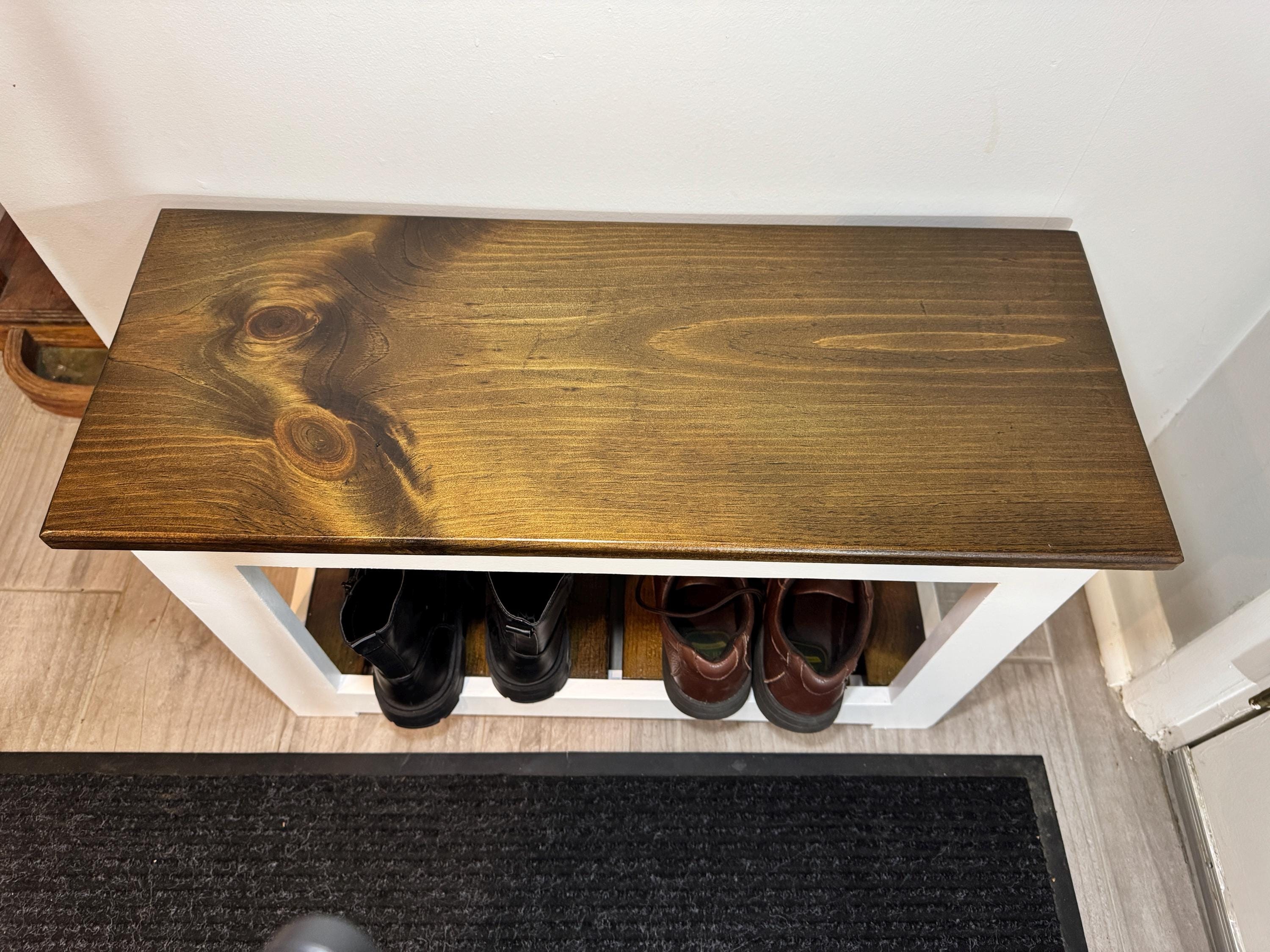 Small Farmhouse Entryway Bench, Compact Wood Shoe Bench for Apartments, Mudroom Seating with Storage, view 2