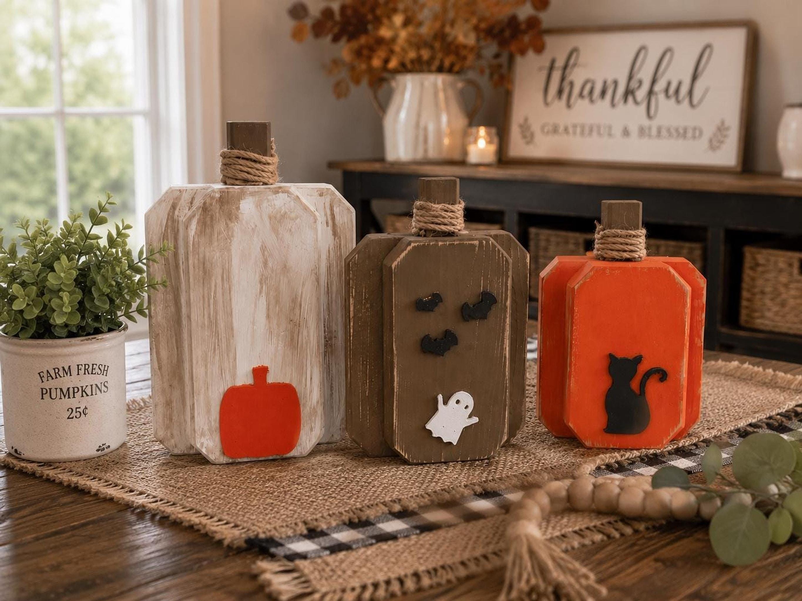 Wooden Pumpkin Set of 3, Rustic Fall Decor With 8–12 Inch Sizes, view 3