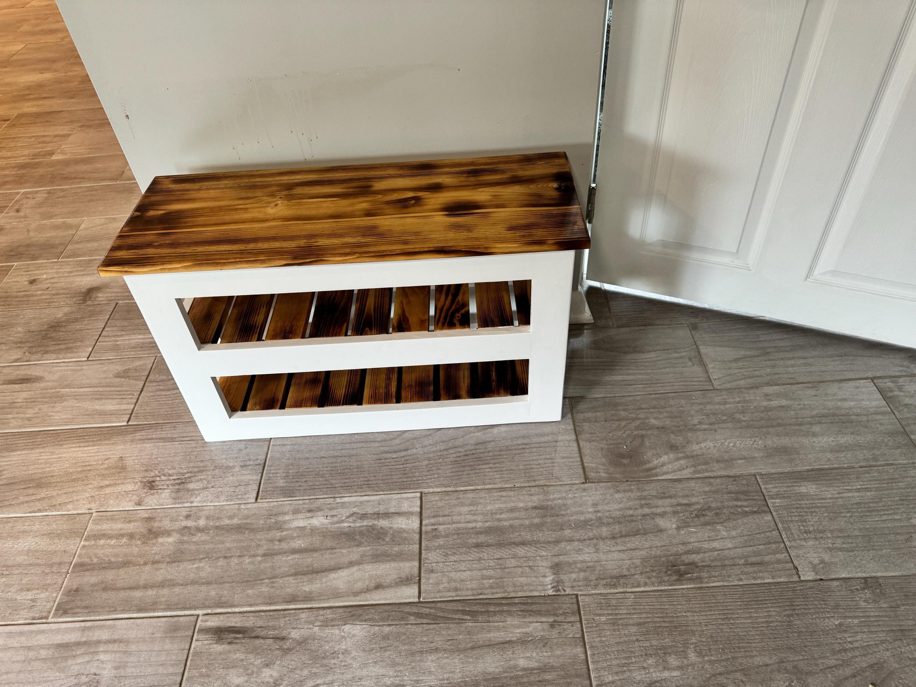 Mudroom Bench, Solid Wood Seat With Two Shoe Shelves | White Farmhouse Frame, view 5