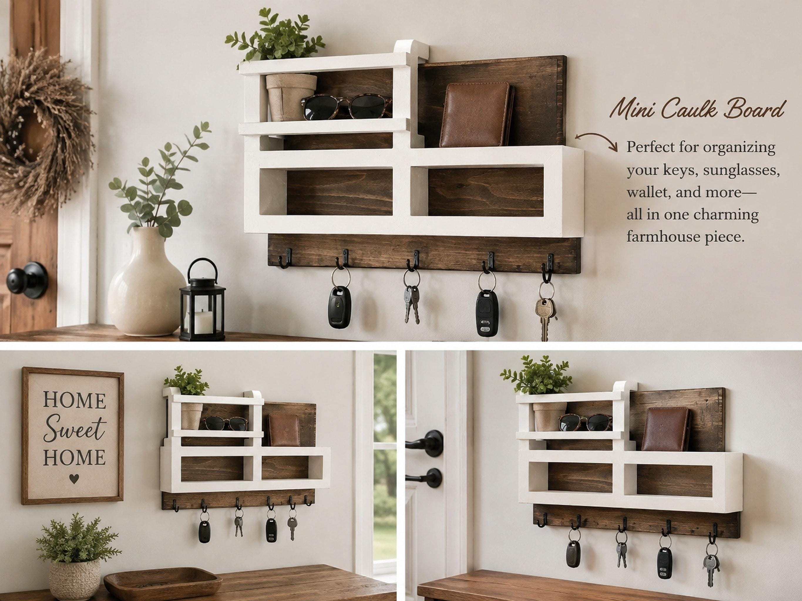 Entryway Organizer, 16-Inch Rustic Wood Wall Storage with Key Hooks, view 4