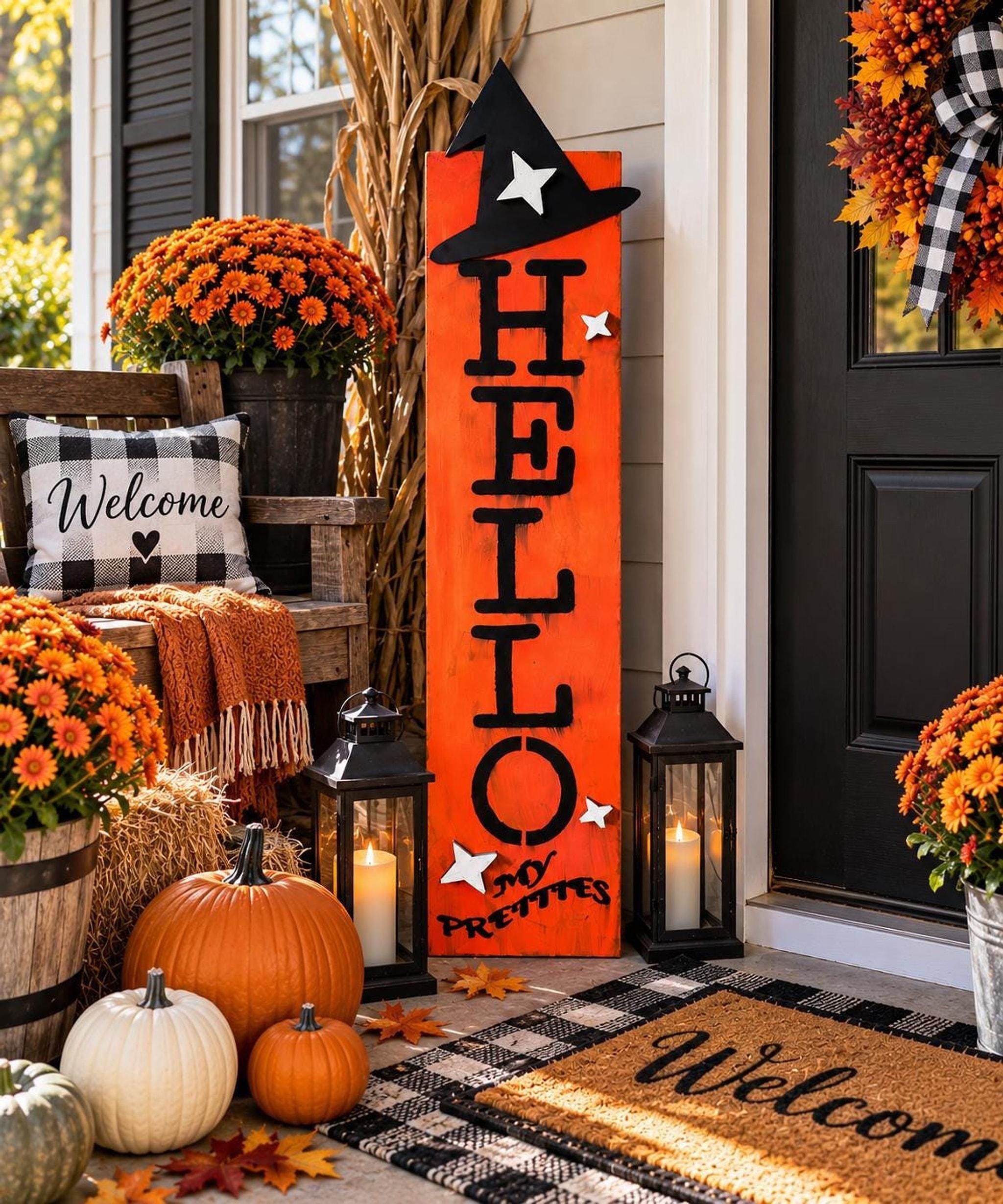 Witch Porch Sign, 50-Inch Solid Pine Orange Halloween Leaner, view 10