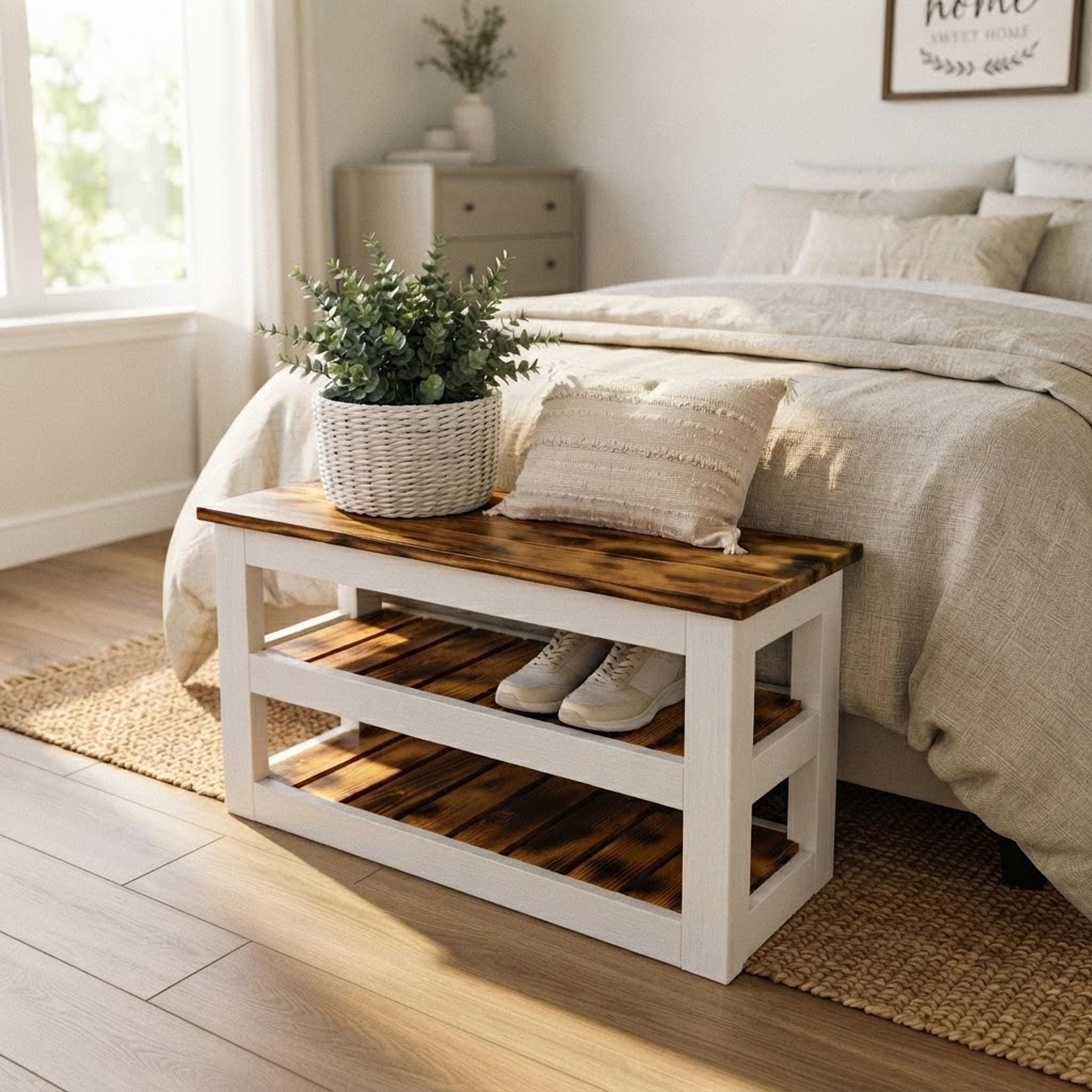 Entryway Seat Bench, White Farmhouse Frame, Rustic Burn Wood Top, Two-Shelf Shoe Storage, view 13