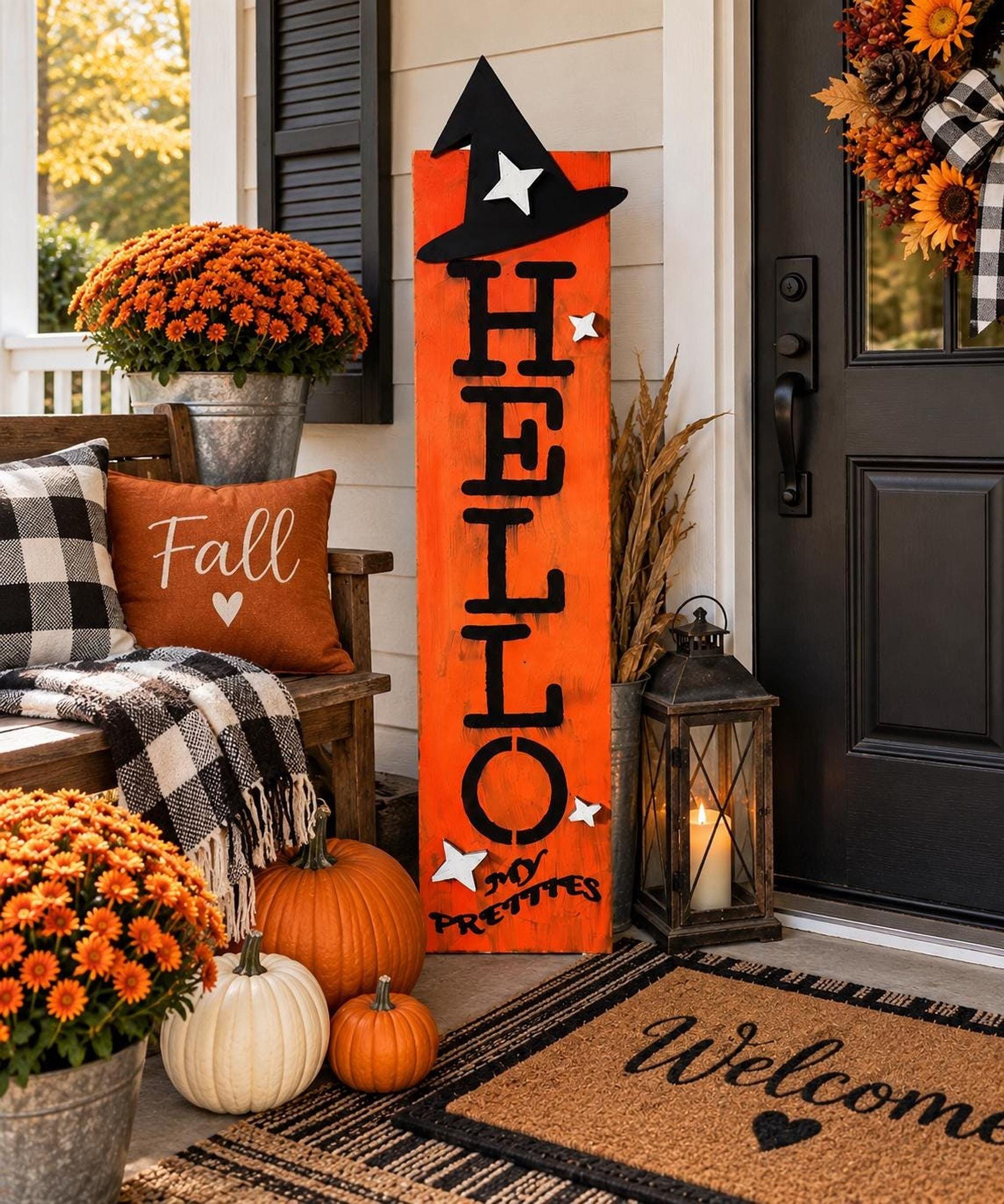 Porch Leaner, 50-Inch Solid Pine Rustic Halloween Sign With Witch Hat, view 2