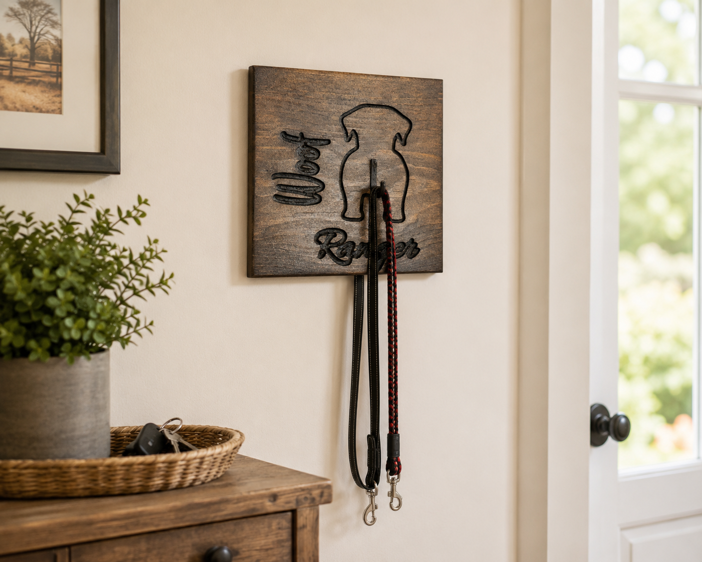 Personalized Dog Leash Holder with Rustic Design and Custom Name, view 2