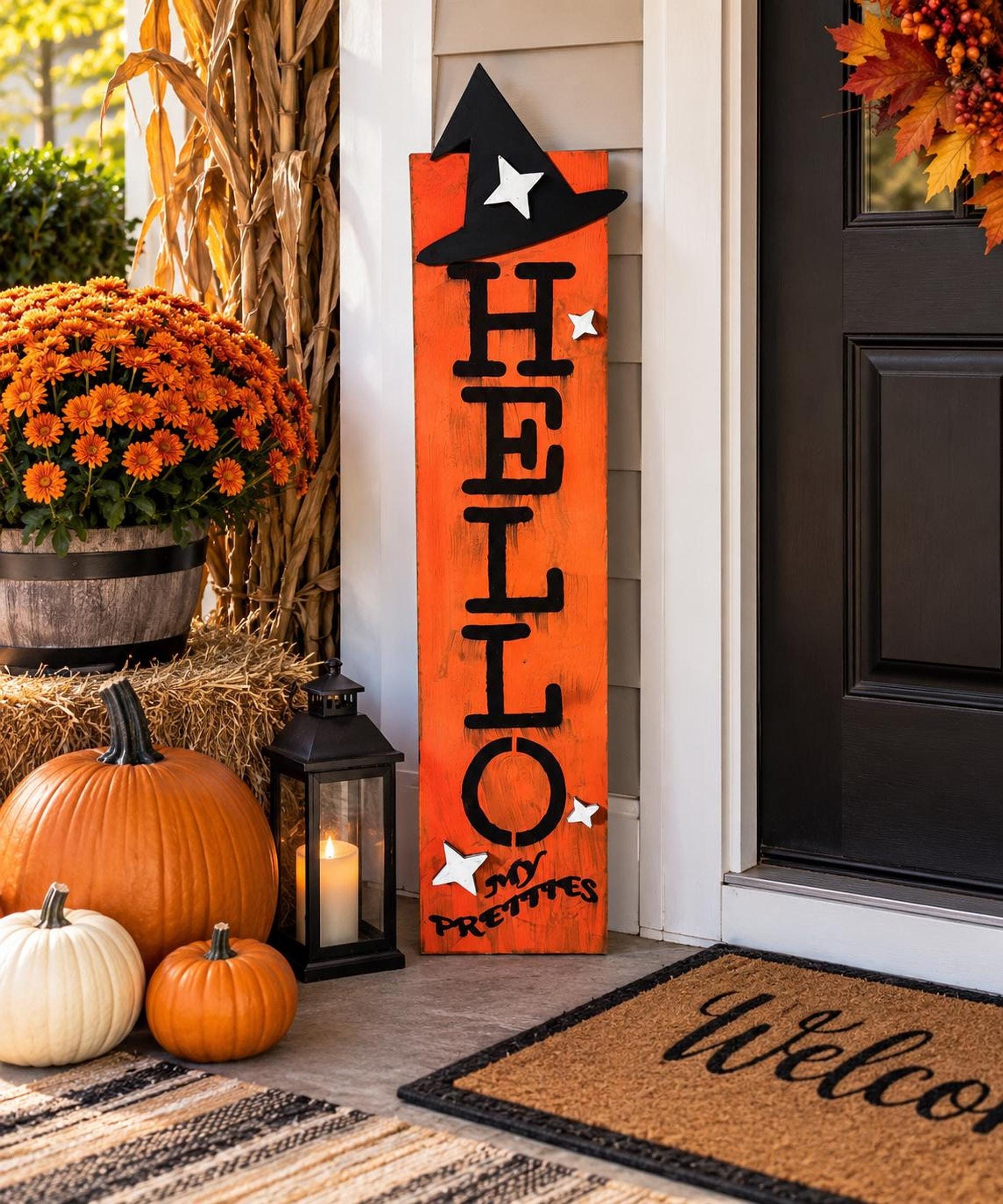 Porch Leaner, 50-Inch Solid Pine Rustic Halloween Sign With Witch Hat