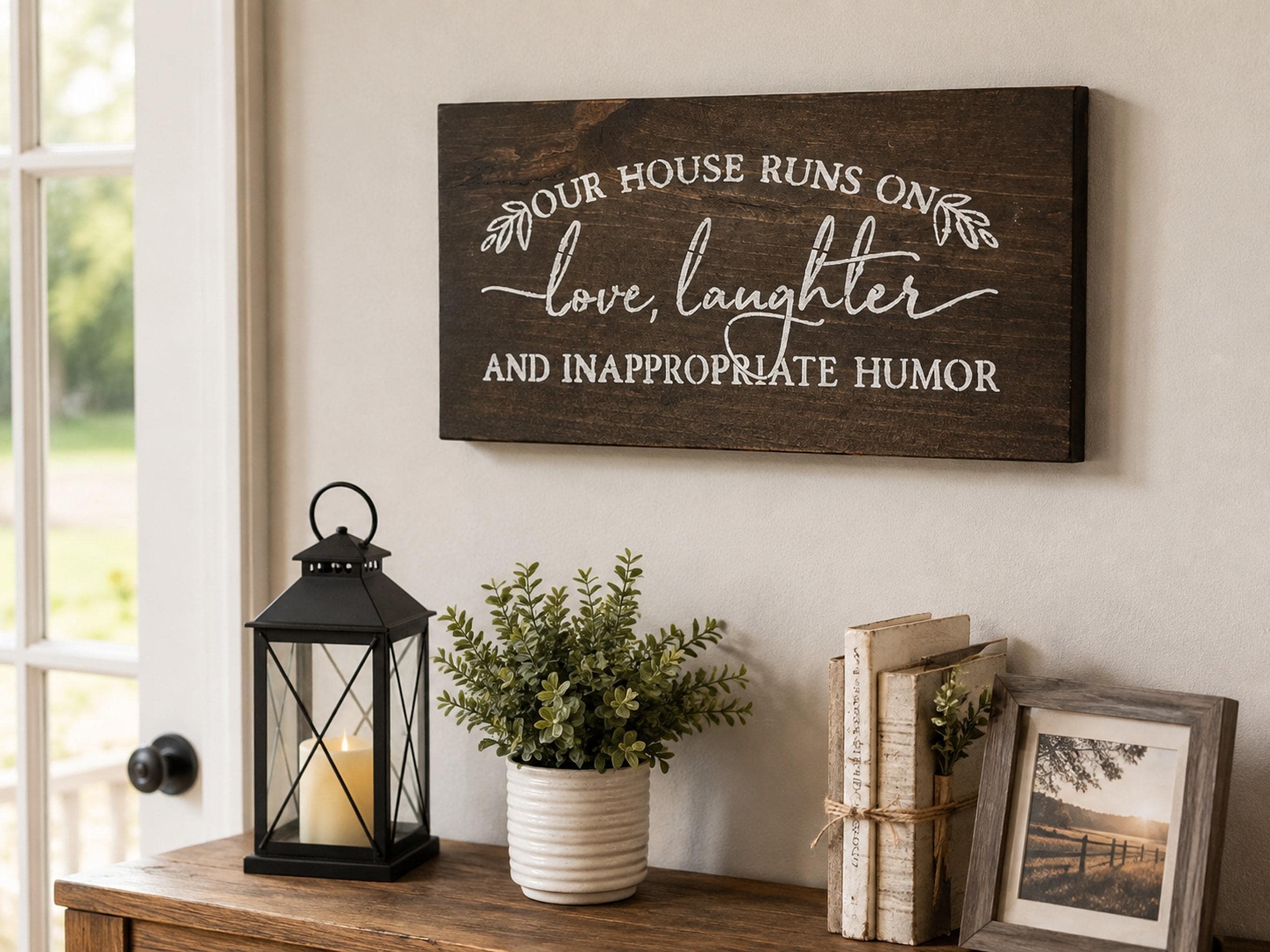 Rustic Wood Sign, Dark Brown Pine Wall Decor | White Lettering