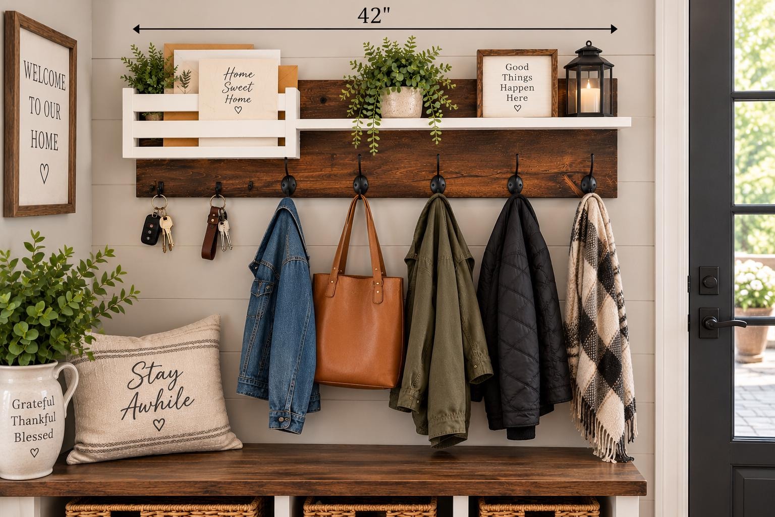 Walnut-stained wood mudroom organizer with shelf, mail holder, and hooks