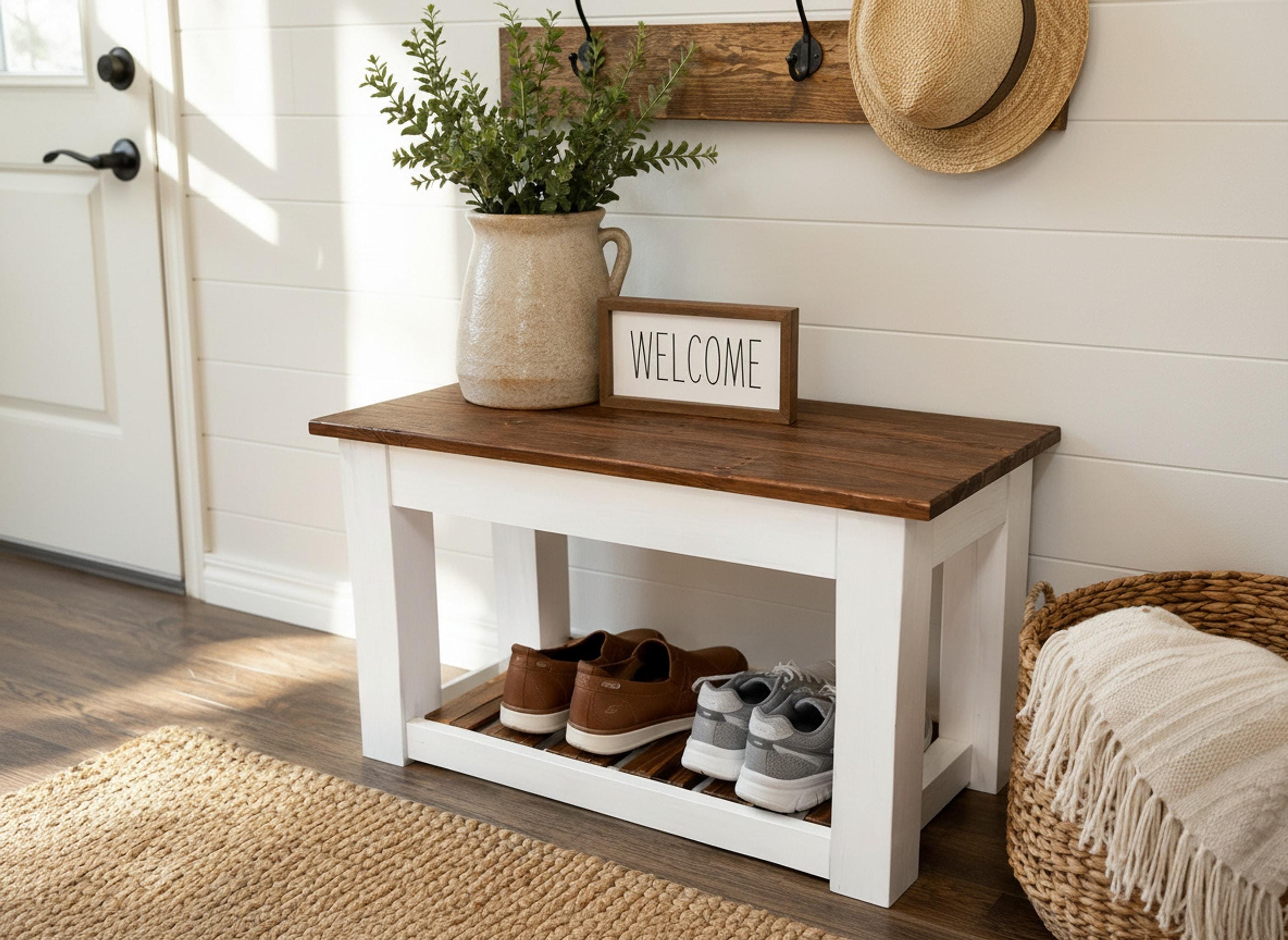 Mudroom Bench, Solid Wood Storage with Hinged Seat and Shoe Rack, view 8