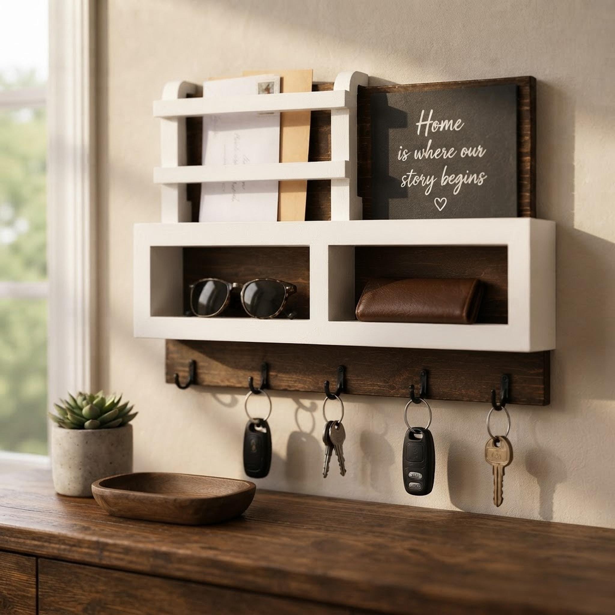 Wooden Key Holder, Farmhouse Wall Organizer with Shelf and Mail Rack, view 2