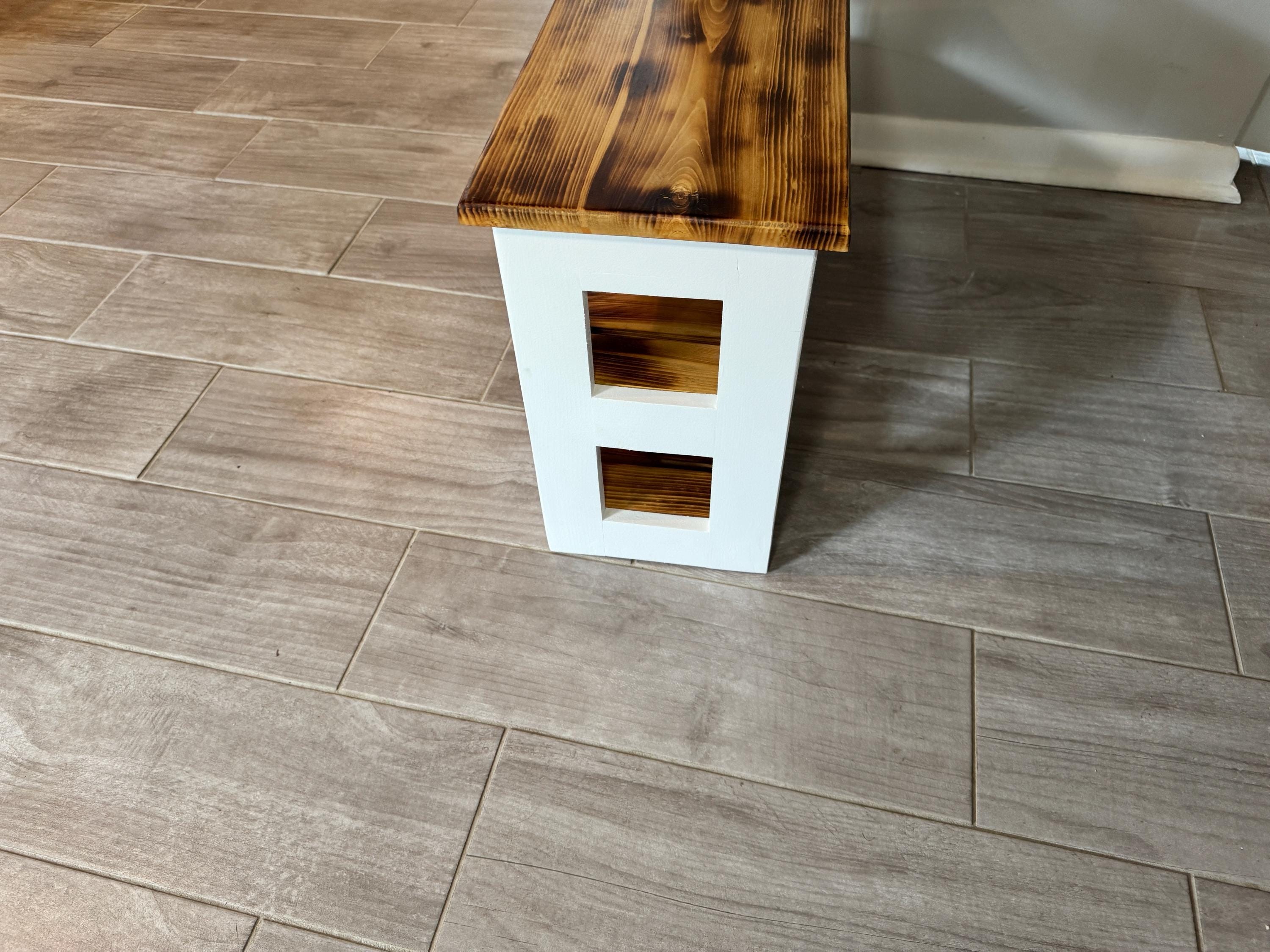 Entryway Seat Bench, White Farmhouse Frame, Rustic Burn Wood Top, Two-Shelf Shoe Storage, view 9