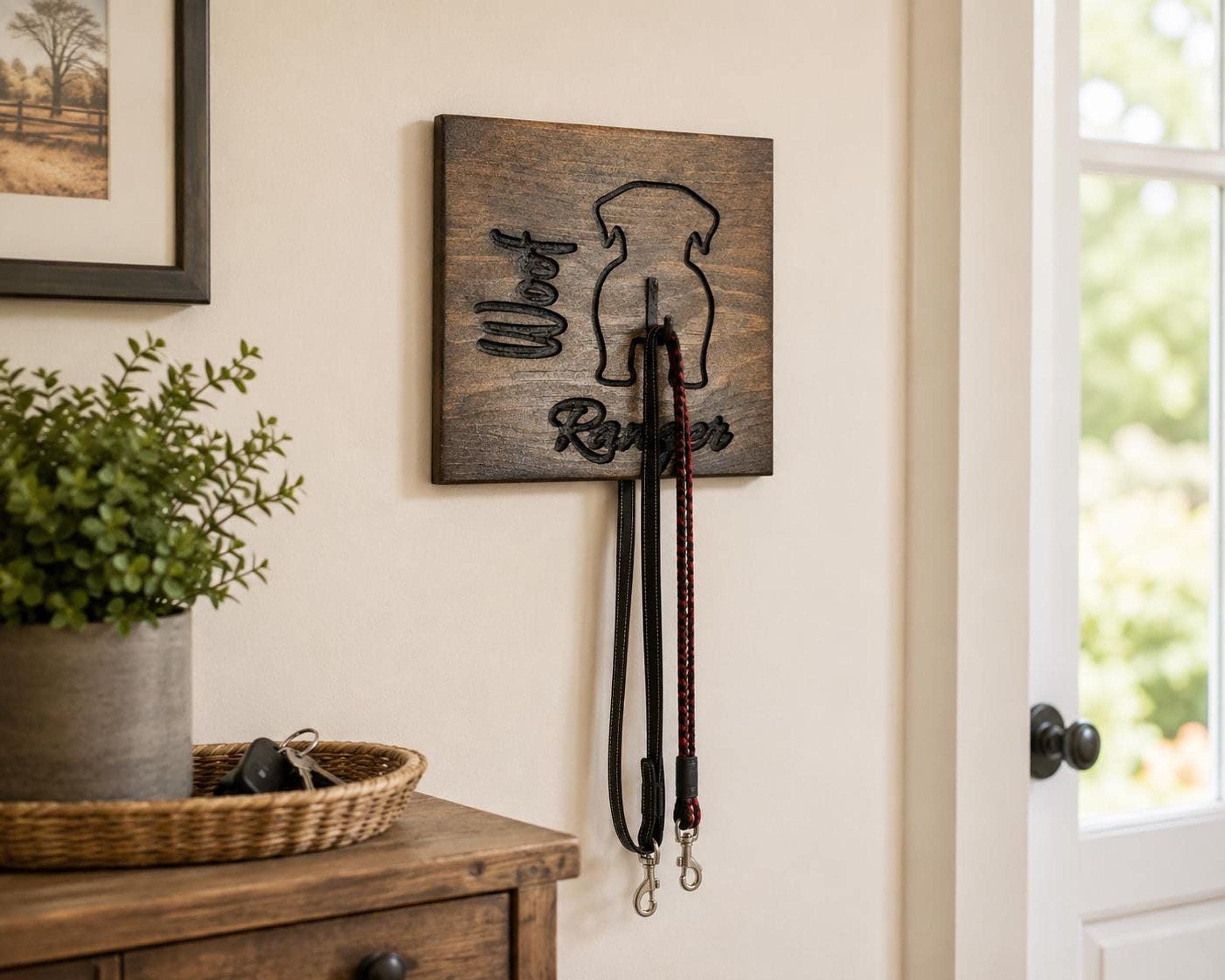 Personalized Dog Leash Holder, Rustic Wood Entryway Organizer, Custom Name Hook, view 7