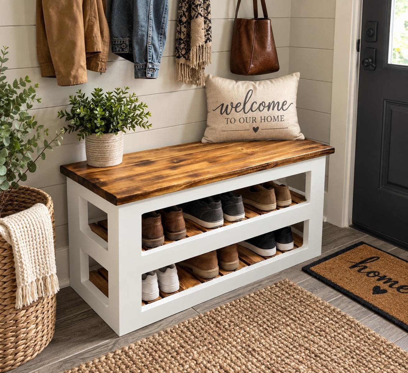 Rustic Bench, White Frame, Solid Wood Seat with Two Open Shelves