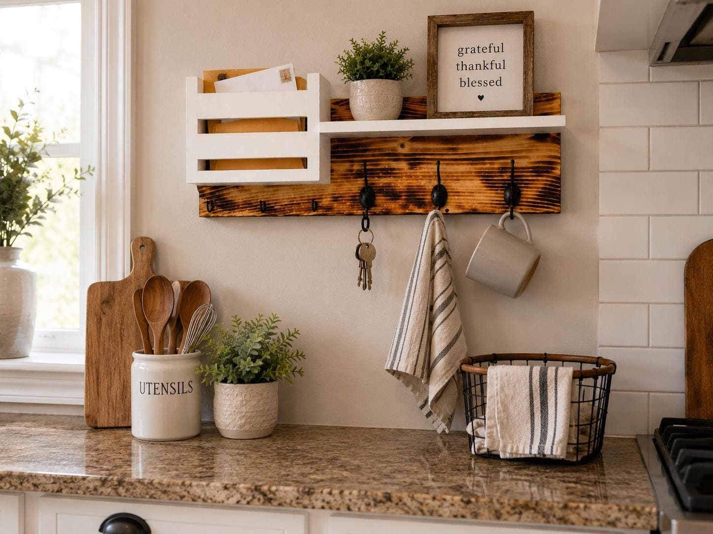 Farmhouse Entryway Organizer with Mail Holder and Key Hooks, Wall Mounted Wood Storage Shelf