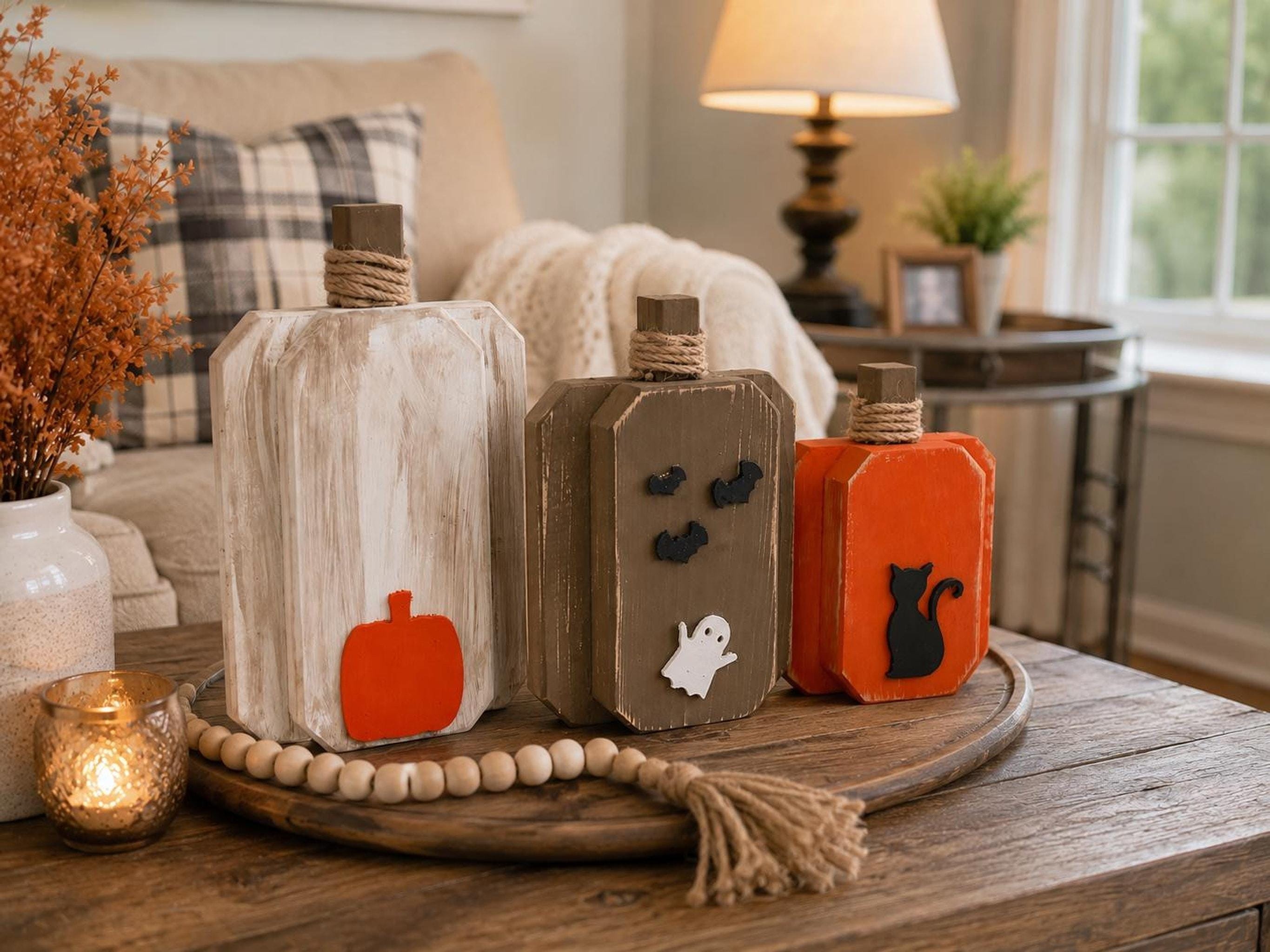 Wooden Pumpkins Set Of 3, Rustic Halloween Decor with Jute-Wrapped Stems, view 3