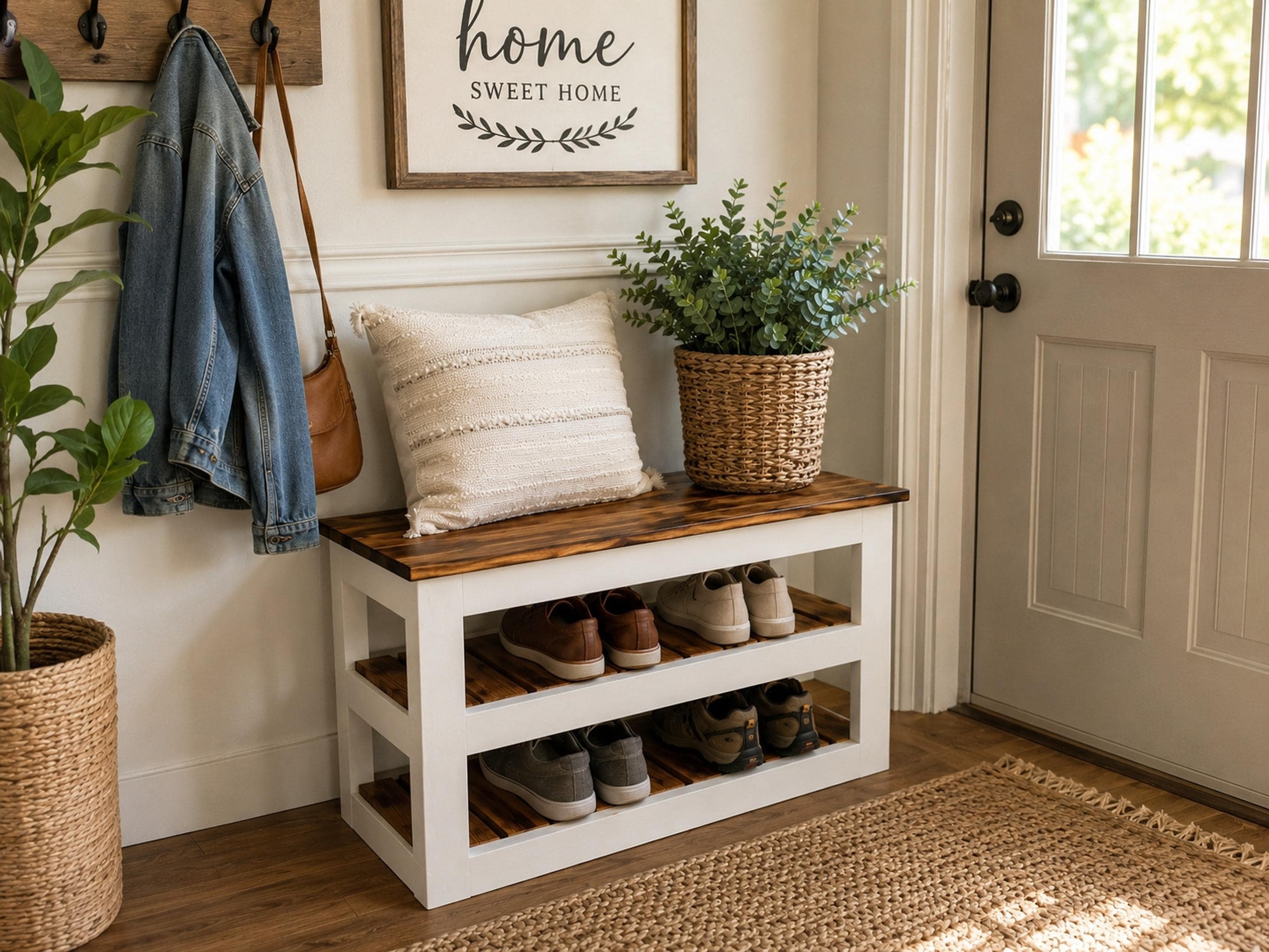 Mudroom Bench, Solid Wood Seat With Two Shoe Shelves | White Farmhouse Frame, view 2