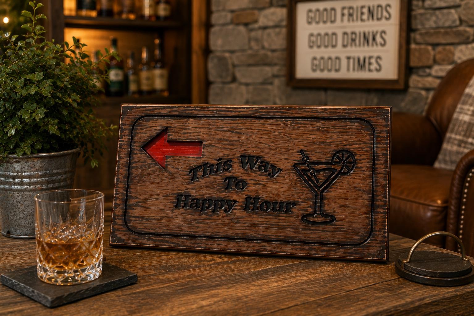 Cocktail Bar Sign, 8 x 16 Inch Pine Wood Wall Hanging, view 9
