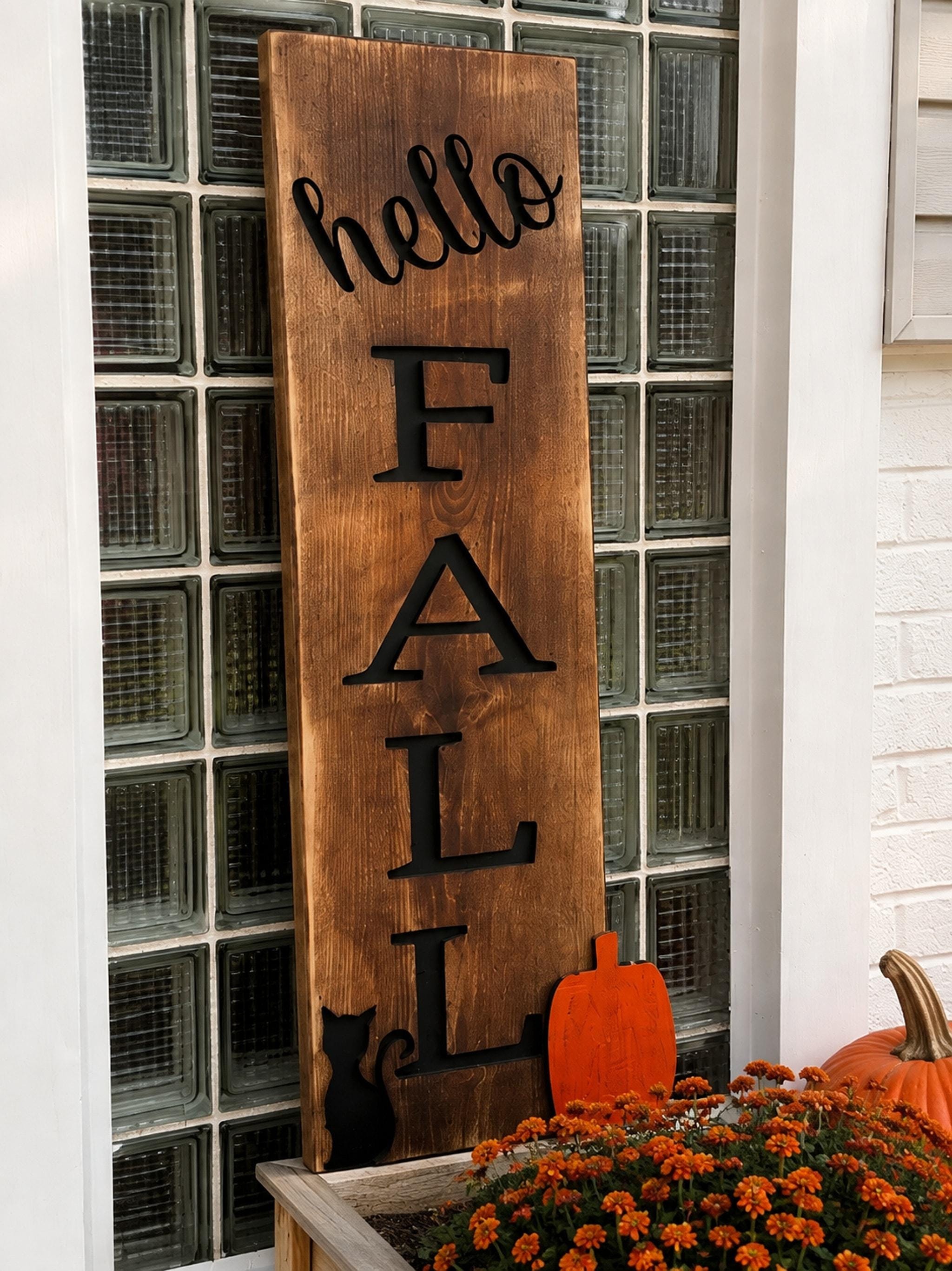 Mudroom Bench Sign, Rustic Wooden Porch Decor with Recessed Black FALL Lettering, view 3