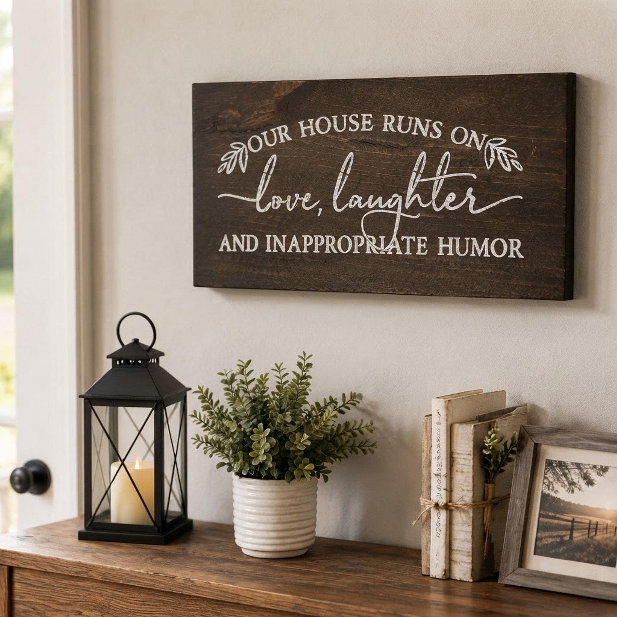 Rustic Wood Sign, Dark Brown Pine Wall Decor | White Lettering, view 16
