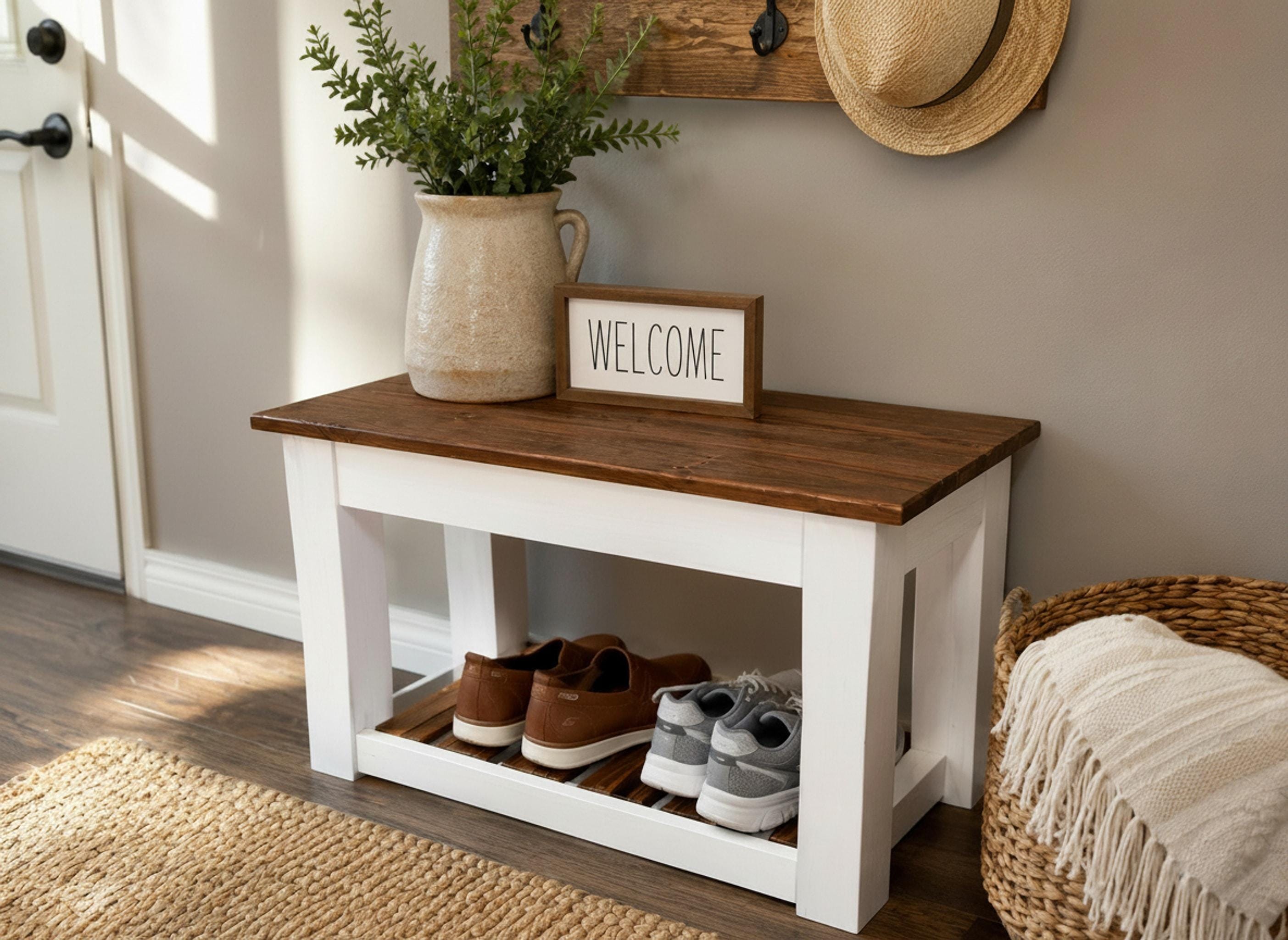 Mudroom Bench, Solid Wood Storage with Hinged Seat and Shoe Rack, view 9