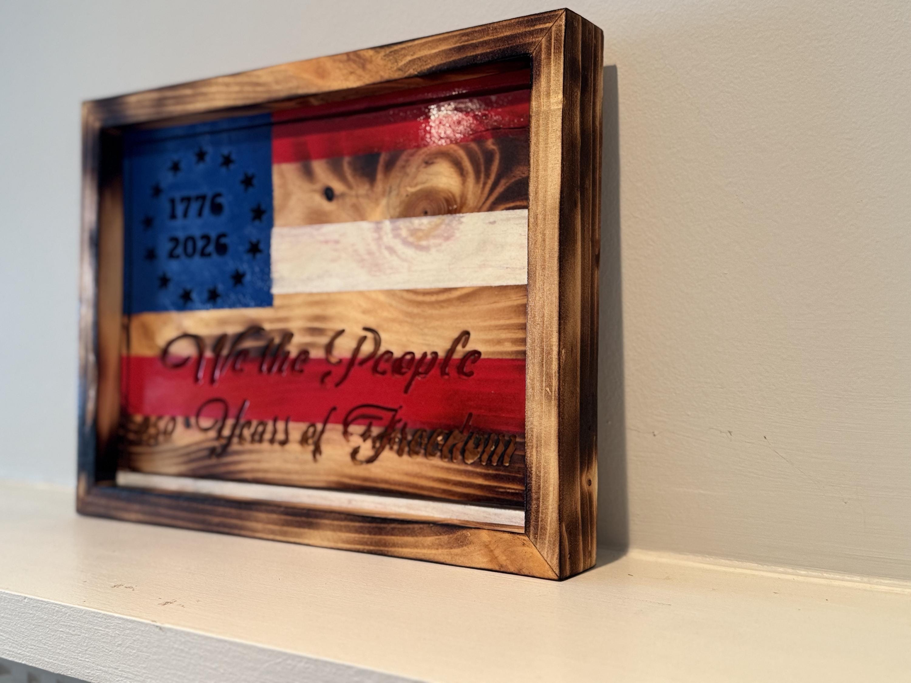 Betsy Ross Flag, Rustic Wood with CNC-Carved American Details, view 14