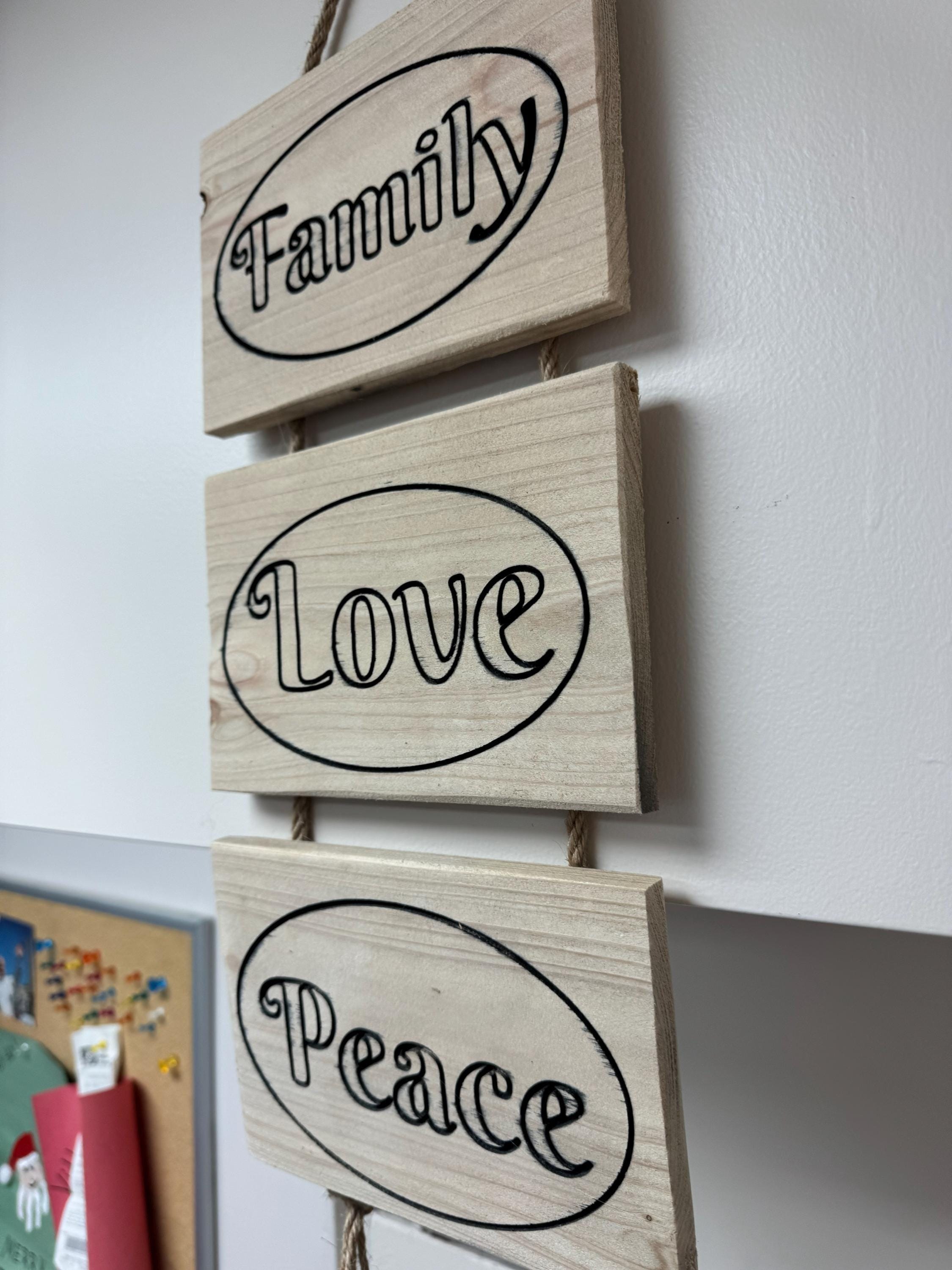 Family Sign | Rustic Wooden Wall Hanging with Love and Peace, view 3