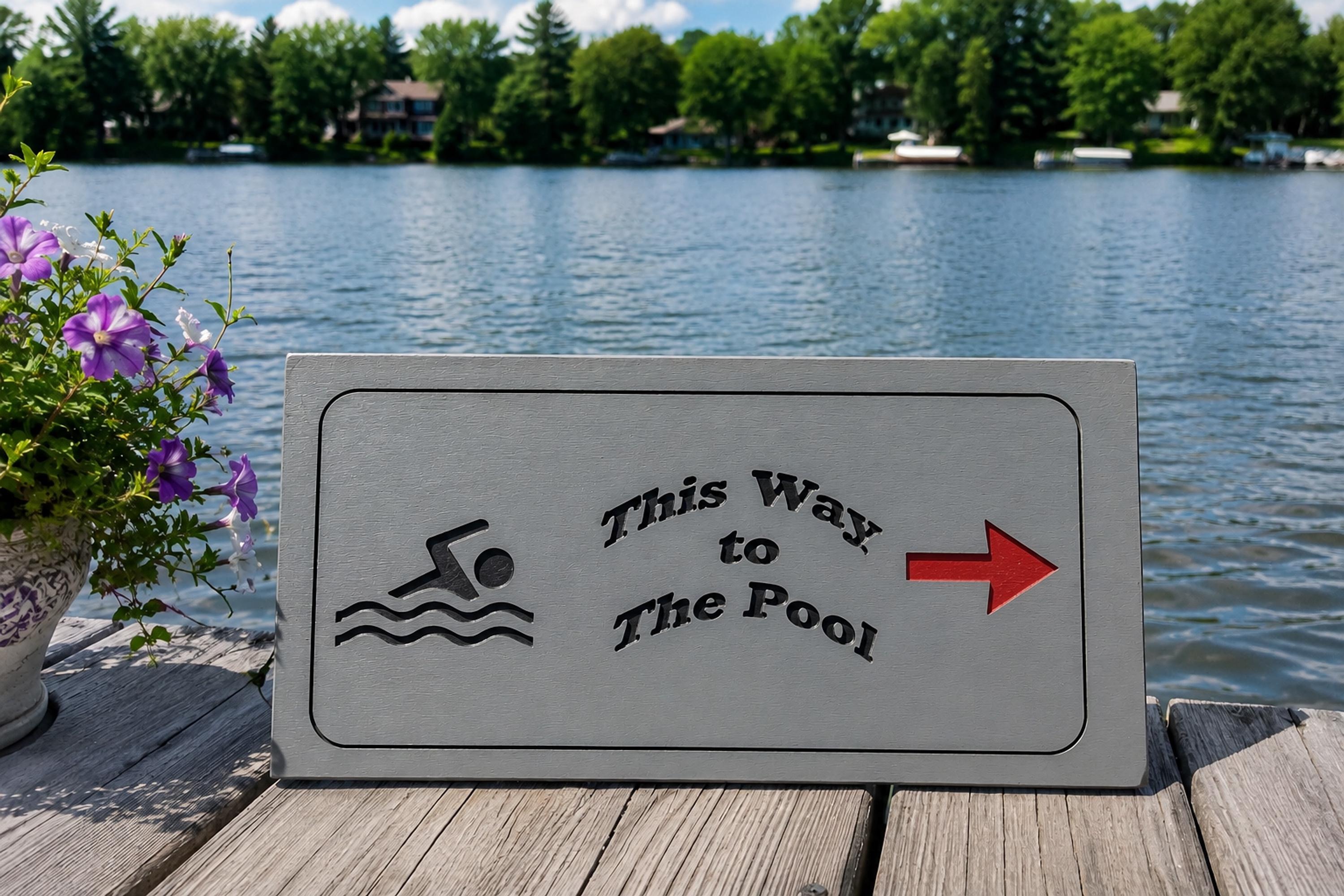 Directional Sign, Pine Pool Marker with Red Arrow and Swimmer Graphic, view 4