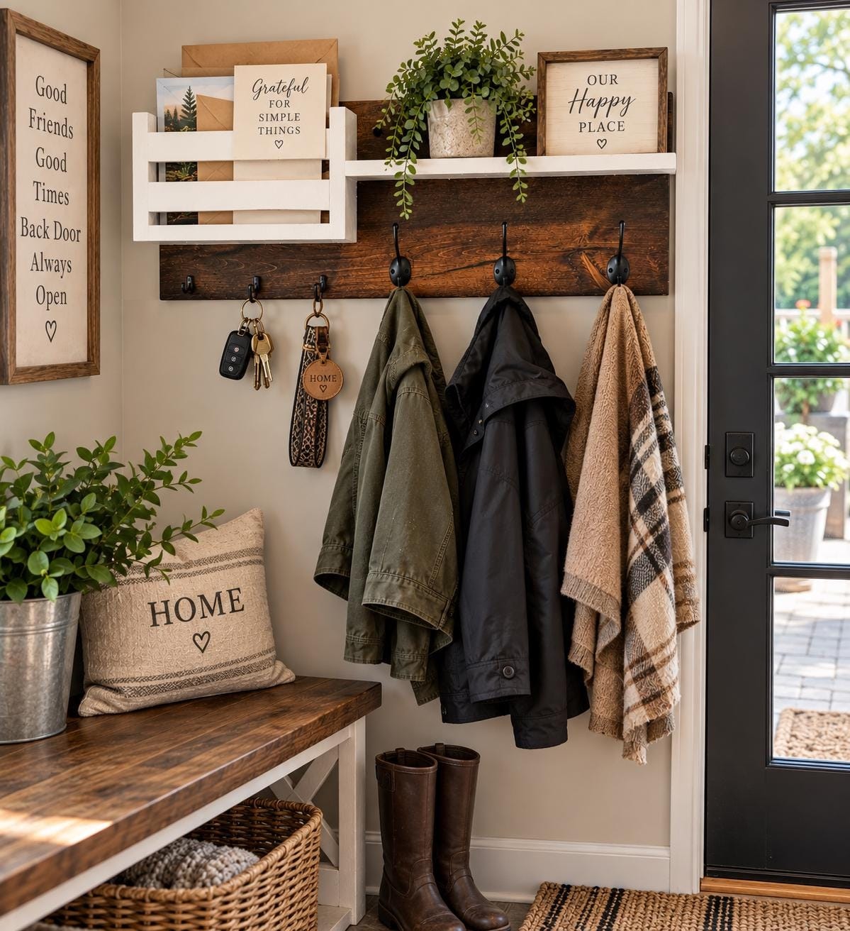 Walnut-stained wood wall coat rack with shelf, mail holder, and hooks