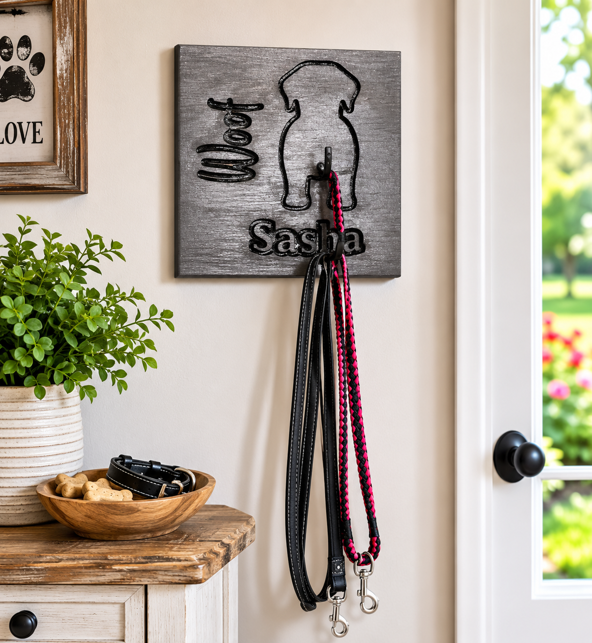 Personalized Dog Leash Holder with Rustic Design and Custom Name, view 3