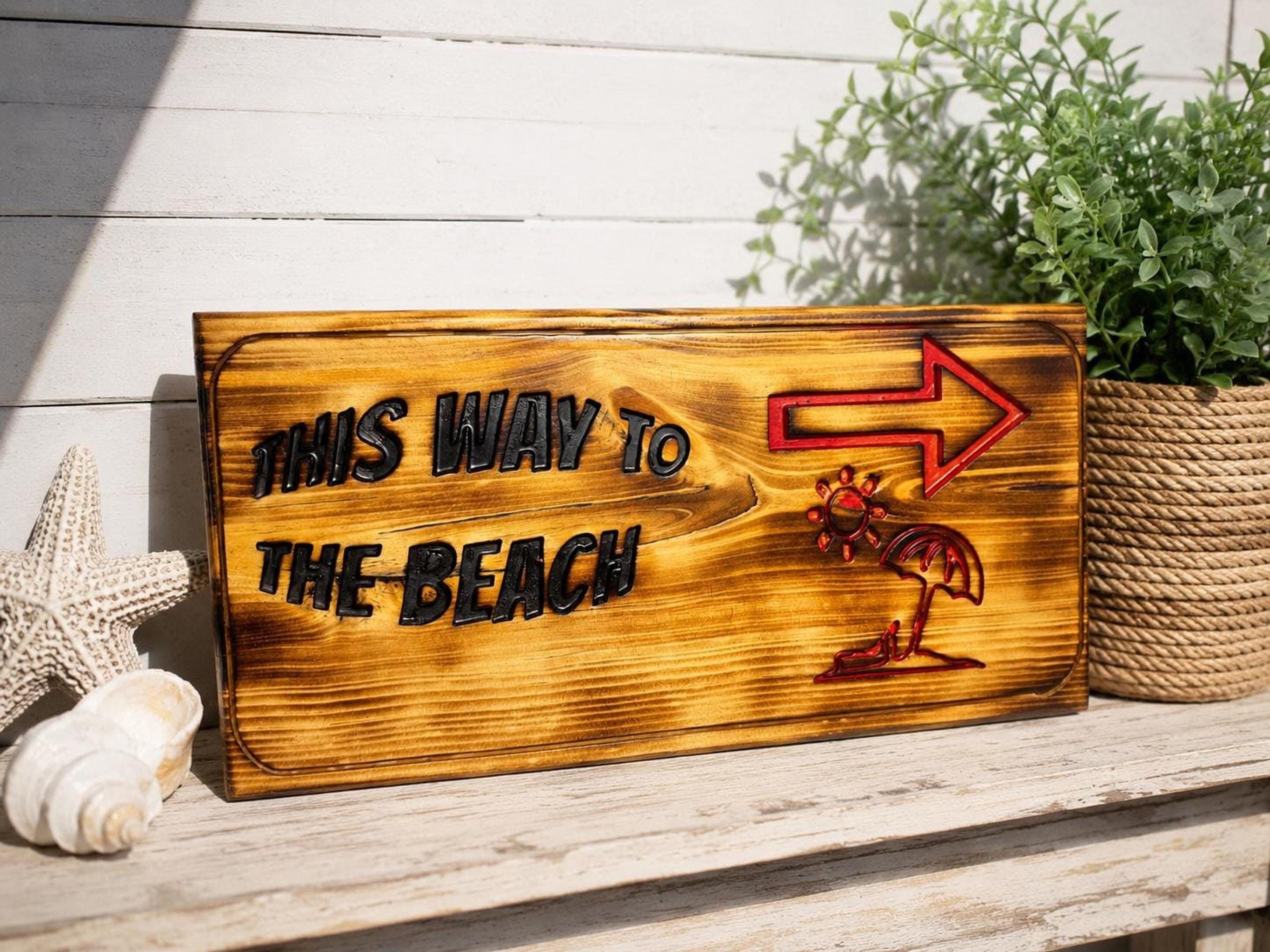 Wooden Beach House Arrow Sign, Coastal Wall Decor, Hand-Painted Pine Art, view 2