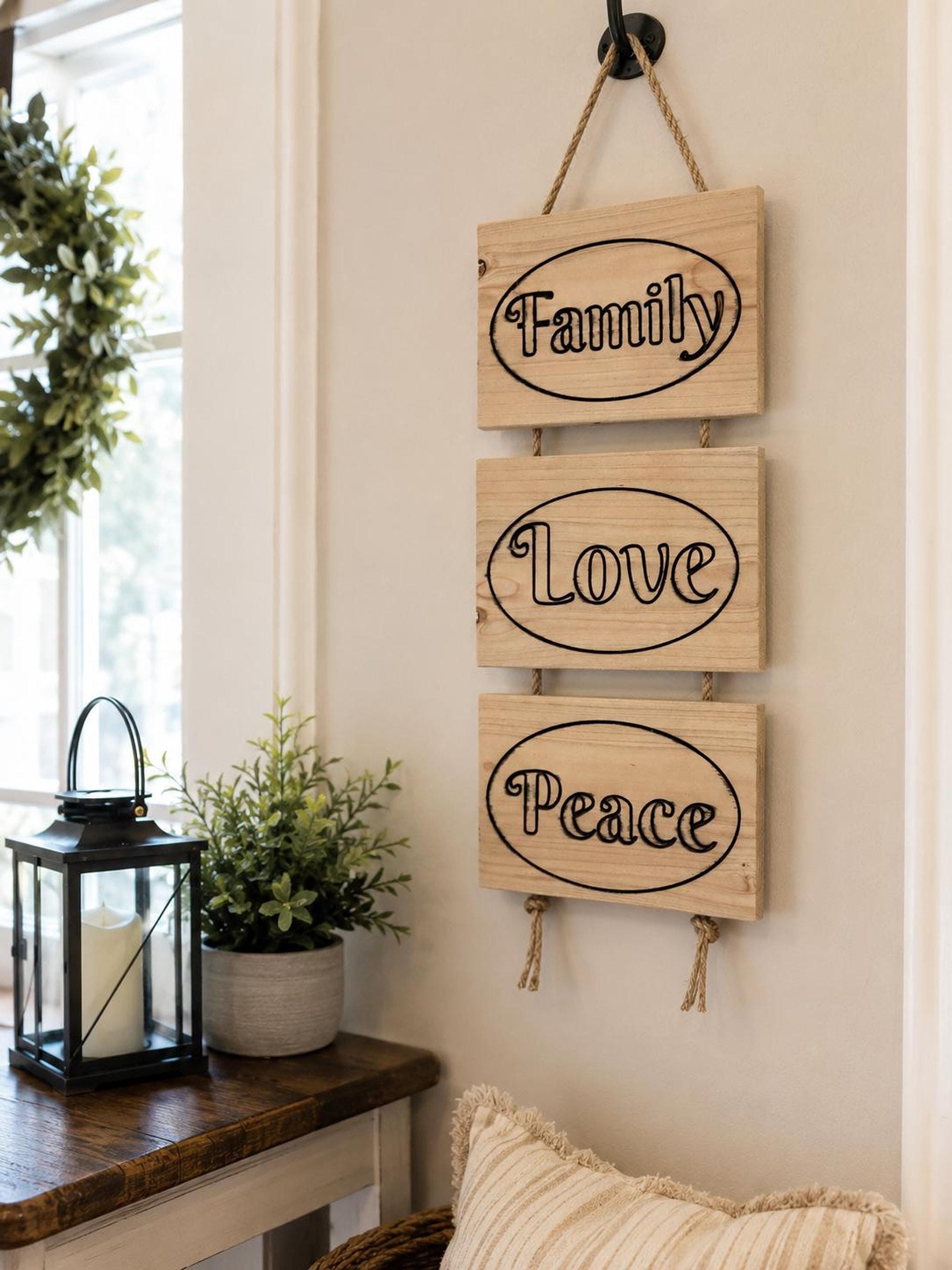 Family Sign | Rustic Wooden Wall Hanging with Love and Peace
