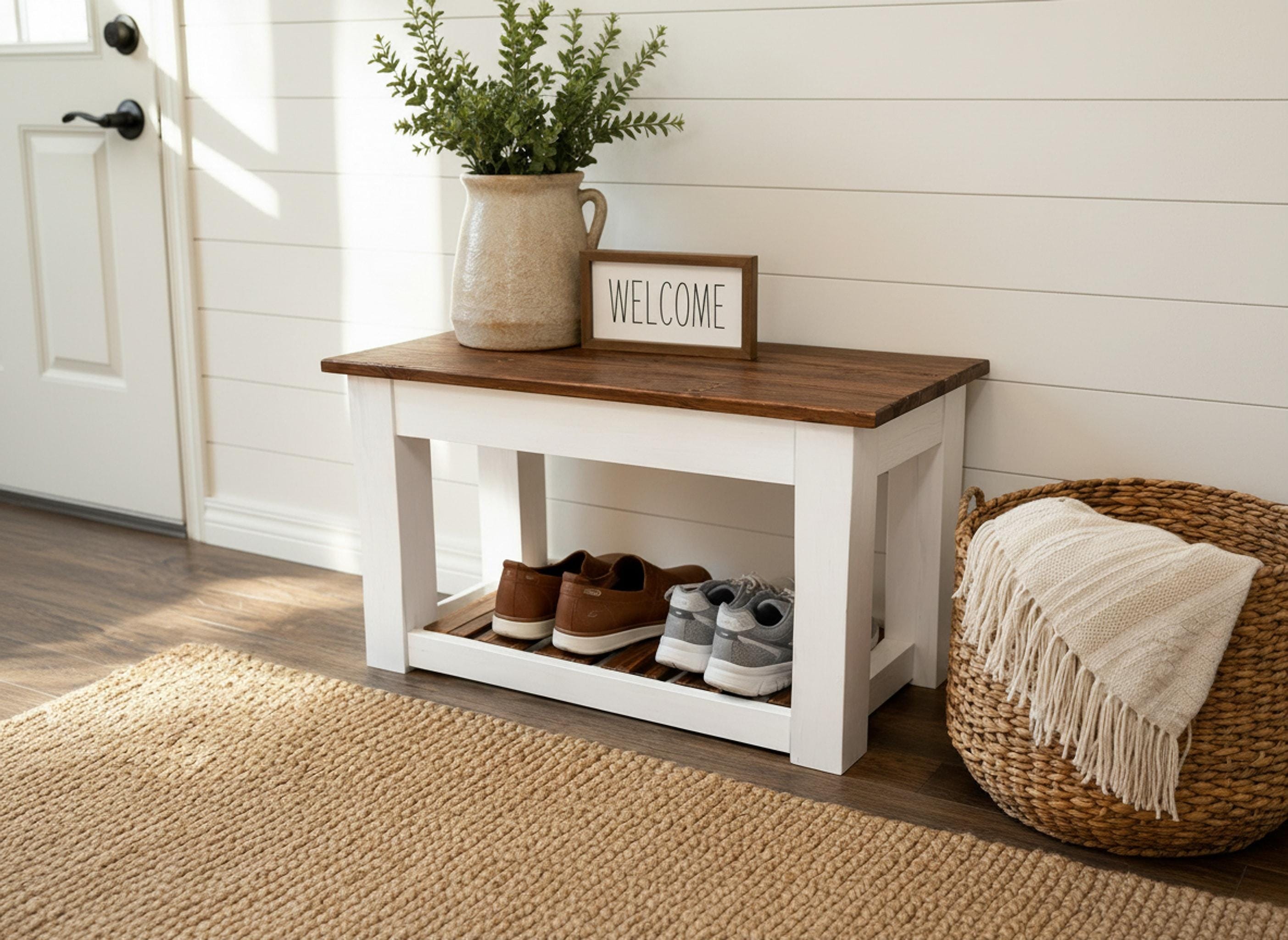 Mudroom Bench, Solid Wood Storage with Hinged Seat and Shoe Rack, view 10