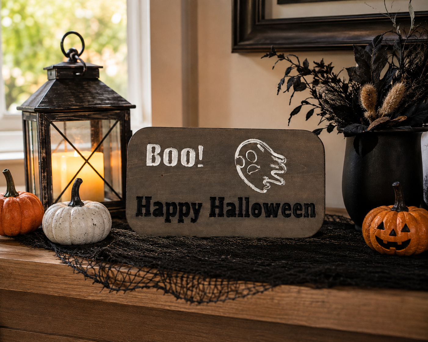 Wood Halloween Sign, Grey Ghost Plaque | 8″ x 16″ x 3/4″ Rustic Decor, view 3