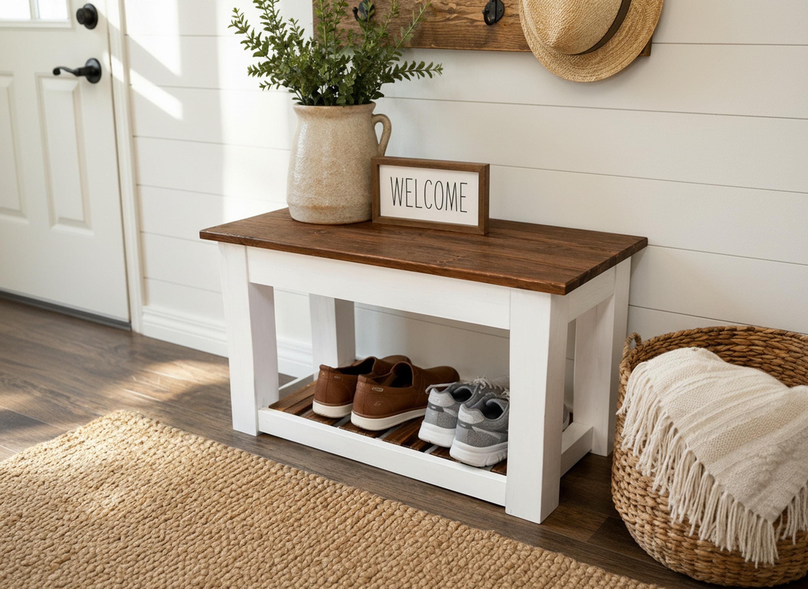 Mudroom Bench, Solid Wood Storage with Hinged Seat and Shoe Rack, view 12