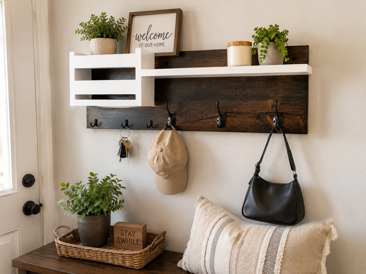 Farmhouse Entryway Organizer with Mail Holder and Key Hooks