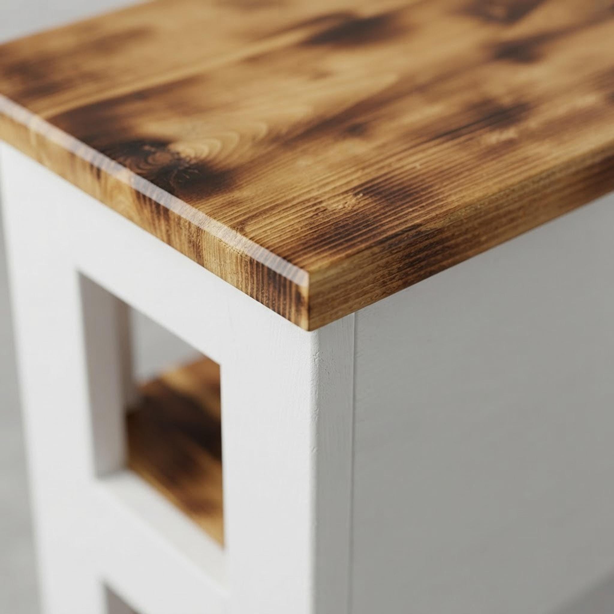 Rustic Bench, White Frame, Solid Wood Seat with Two Open Shelves, view 11