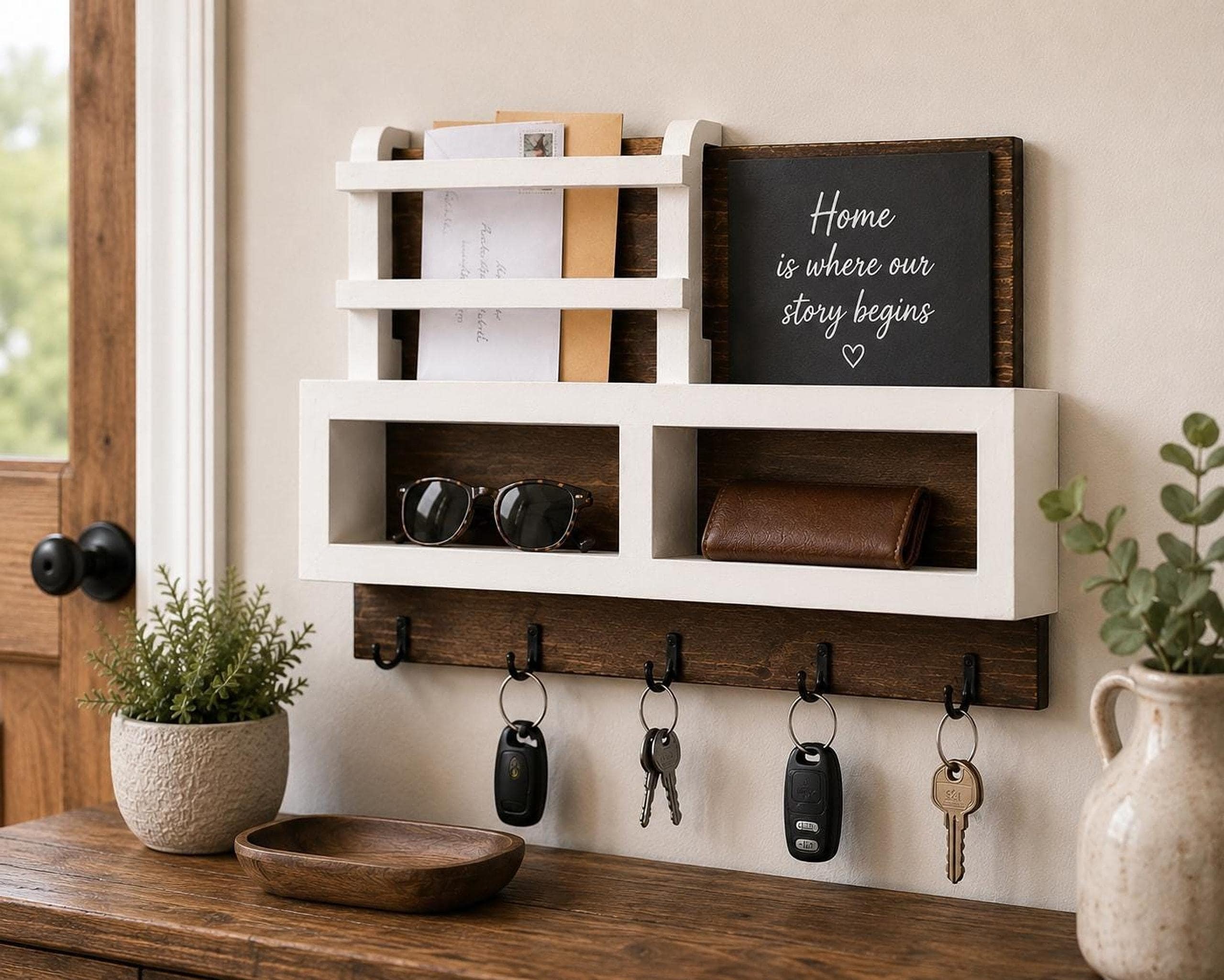 Farmhouse Key Holder with Shelf, Solid Pine Entryway Organizer, view 11