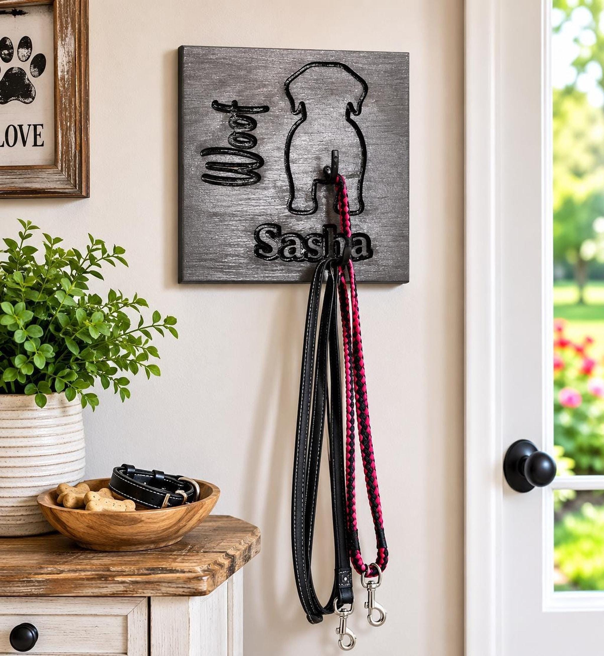 Personalized Dog Leash Holder, Rustic Wood Entryway Organizer, Custom Name Hook