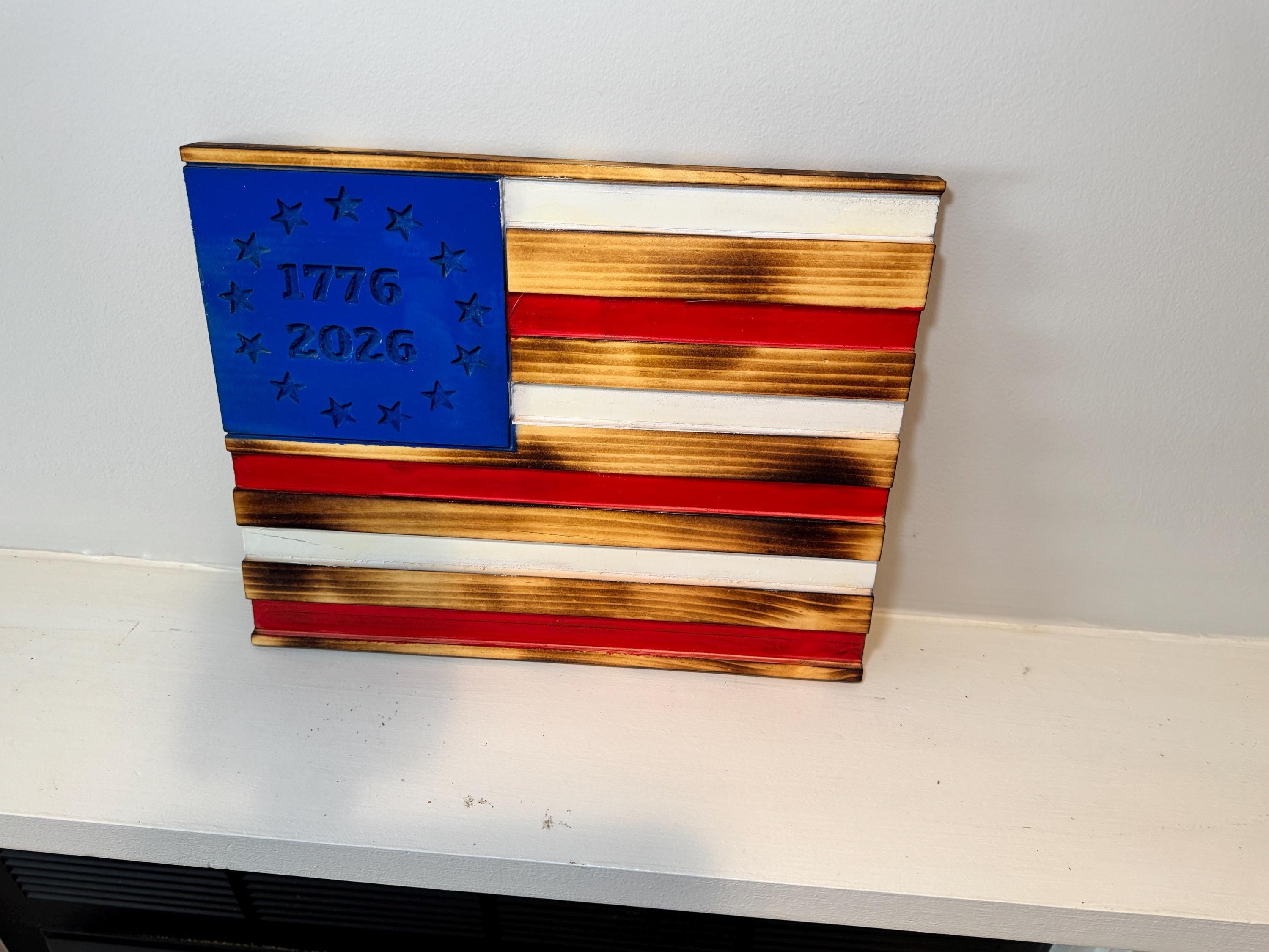 Betsy Ross Flag, Rustic Wood with CNC-Carved American Details, view 5