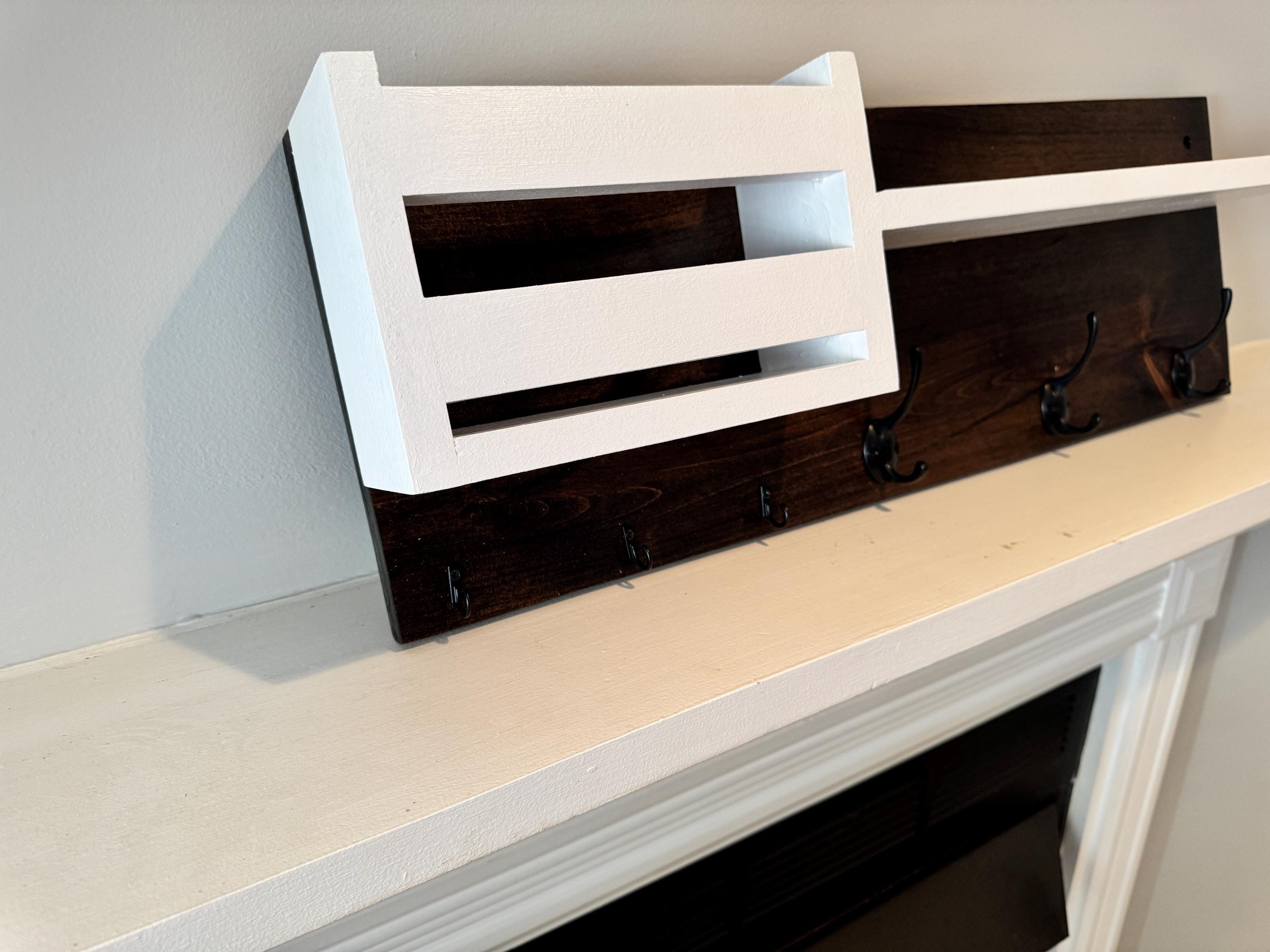 Wall Mounted Shelf, Walnut-Stained Solid Wood Entryway Organizer with Mail Holder and Hooks, view 3