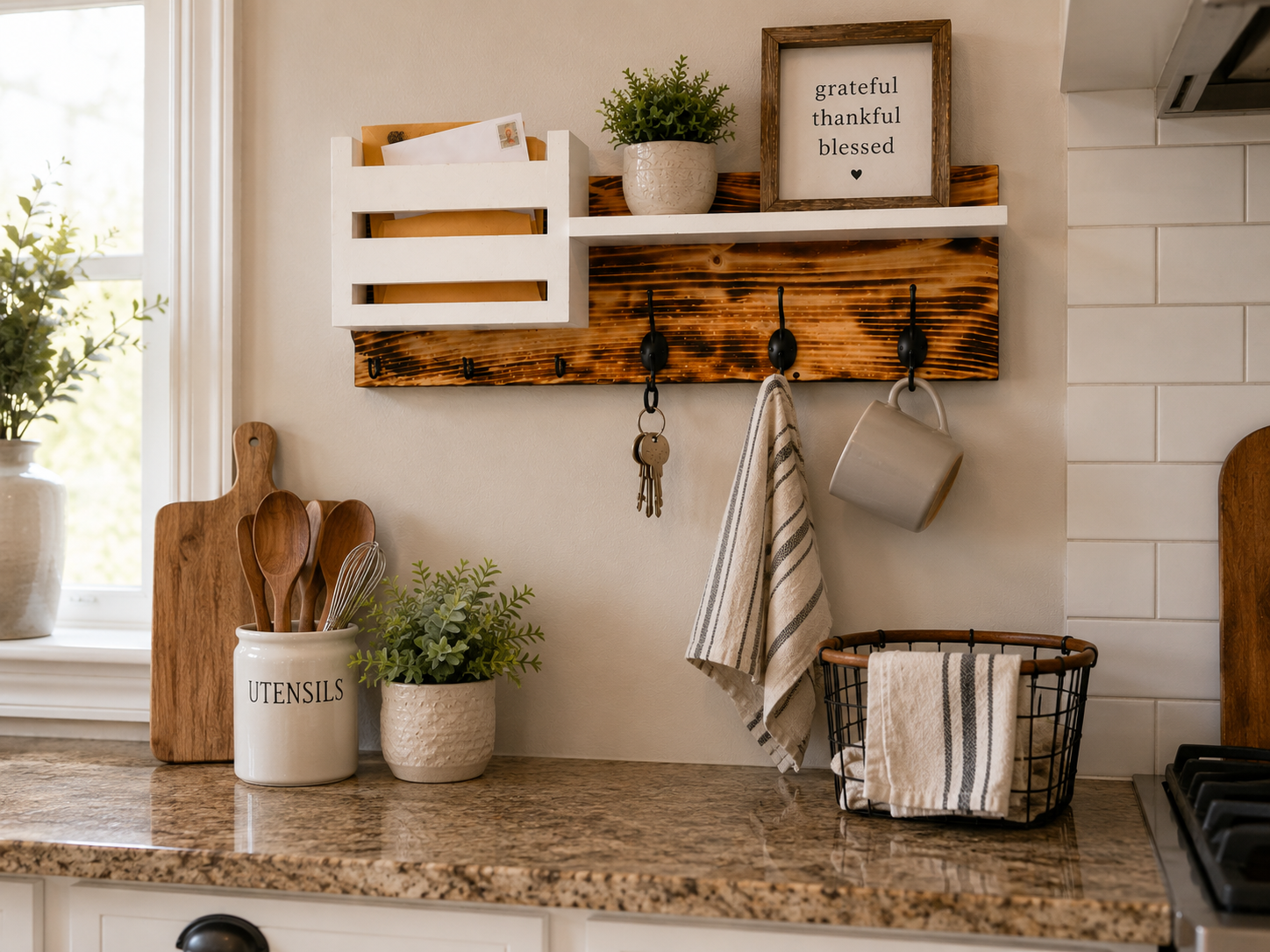 Rustic Entryway Organizer with Mail Holder, Shelf & Hooks