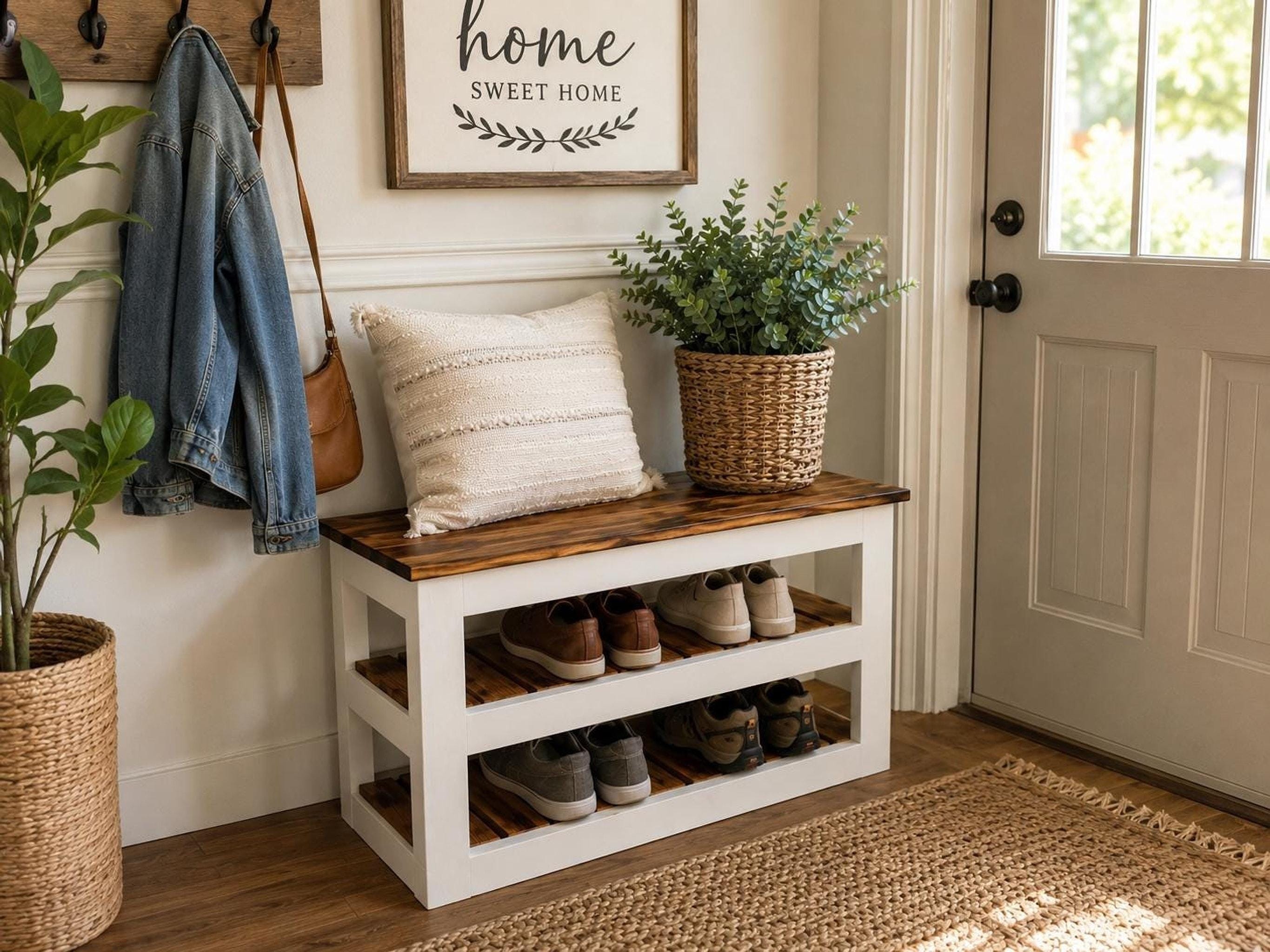 Rustic Bench, White Frame, Solid Wood Seat with Two Open Shelves, view 4