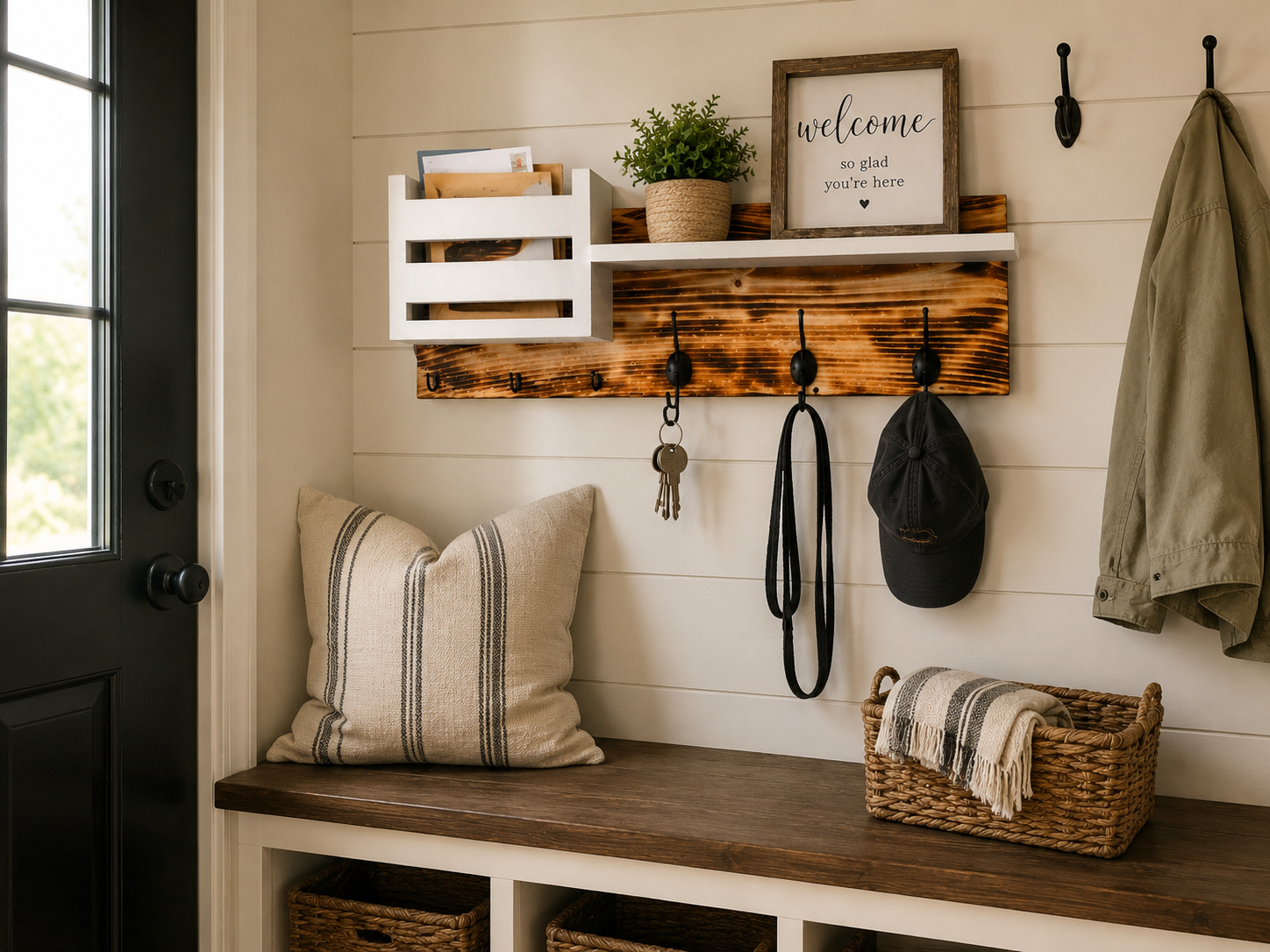 Rustic Entryway Organizer with Mail Holder, Shelf & Hooks, view 3