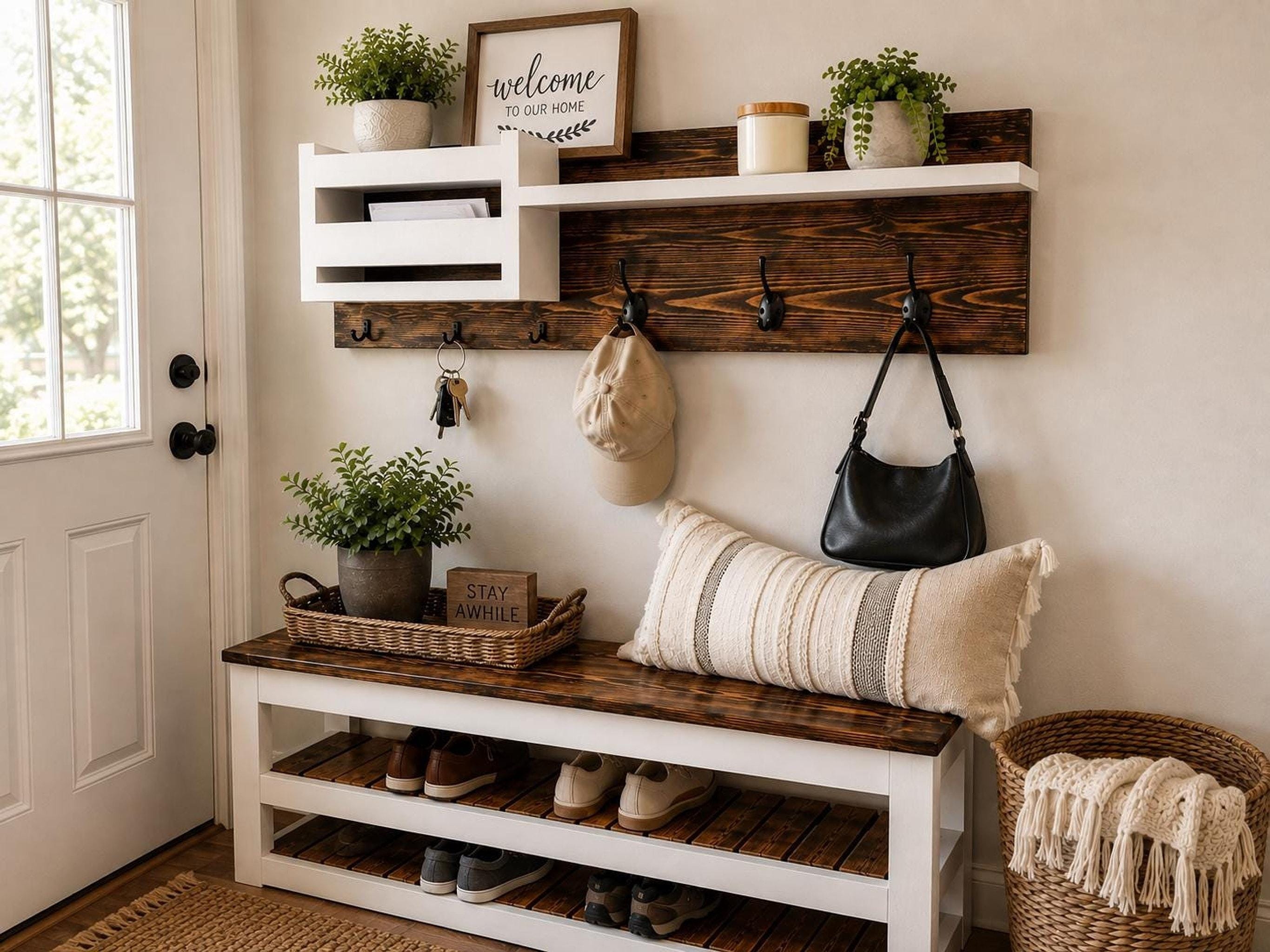 Entryway Seat Bench, White Farmhouse Frame, Rustic Burn Wood Top, Two-Shelf Shoe Storage, view 5