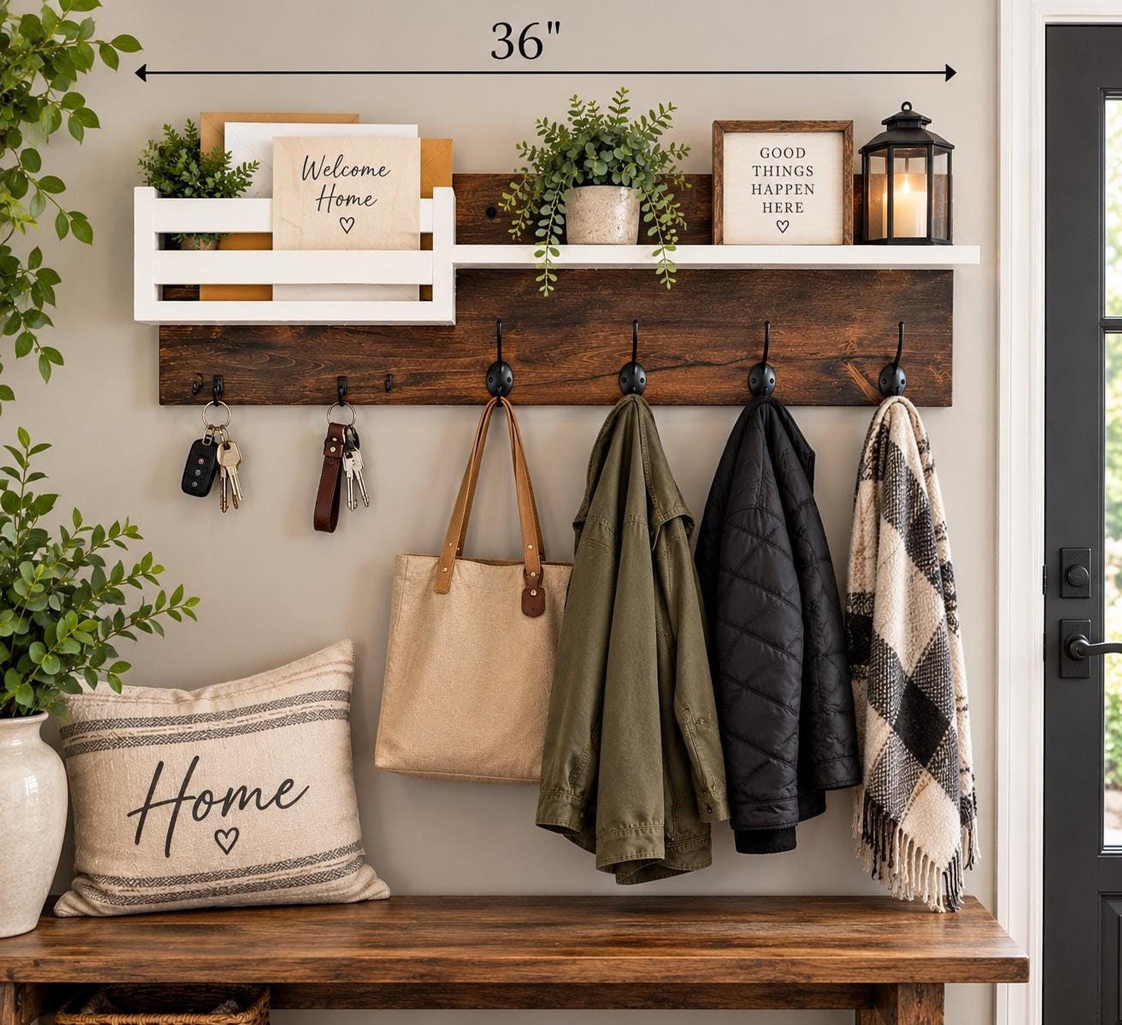 Farmhouse bench and wall organizer arranged as an entryway landing zone