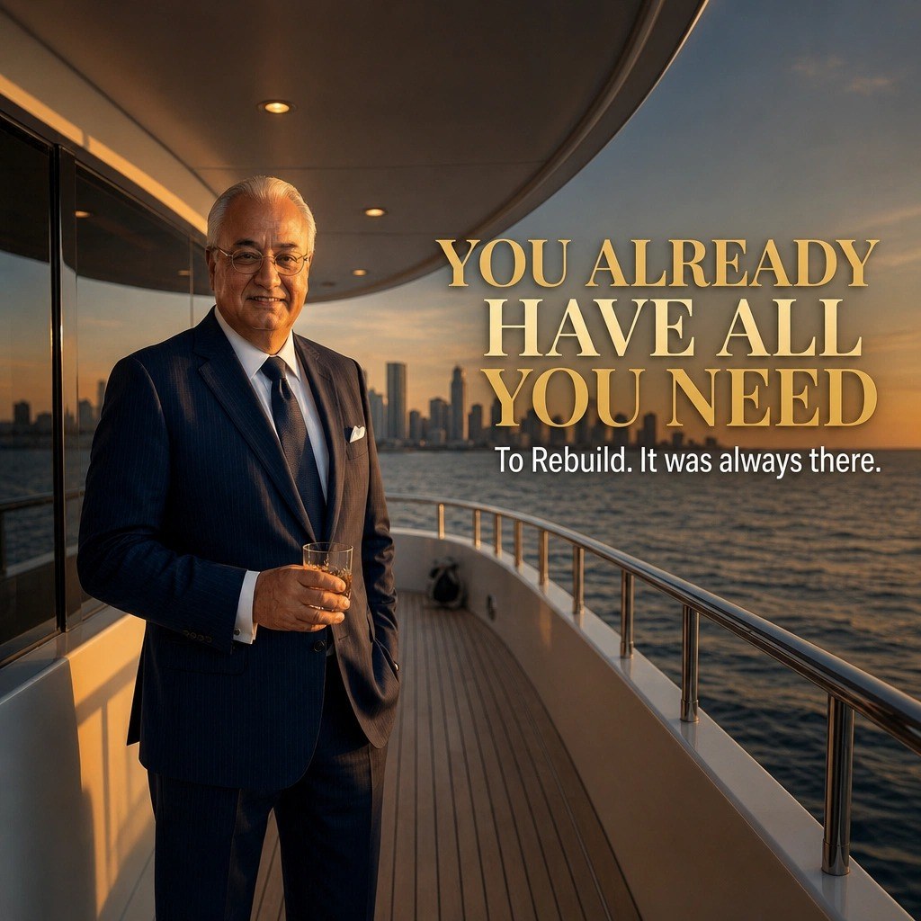 Kenneth Carnesi, Sr. beside the water at sunset with the message, You already have all you need to rebuild.