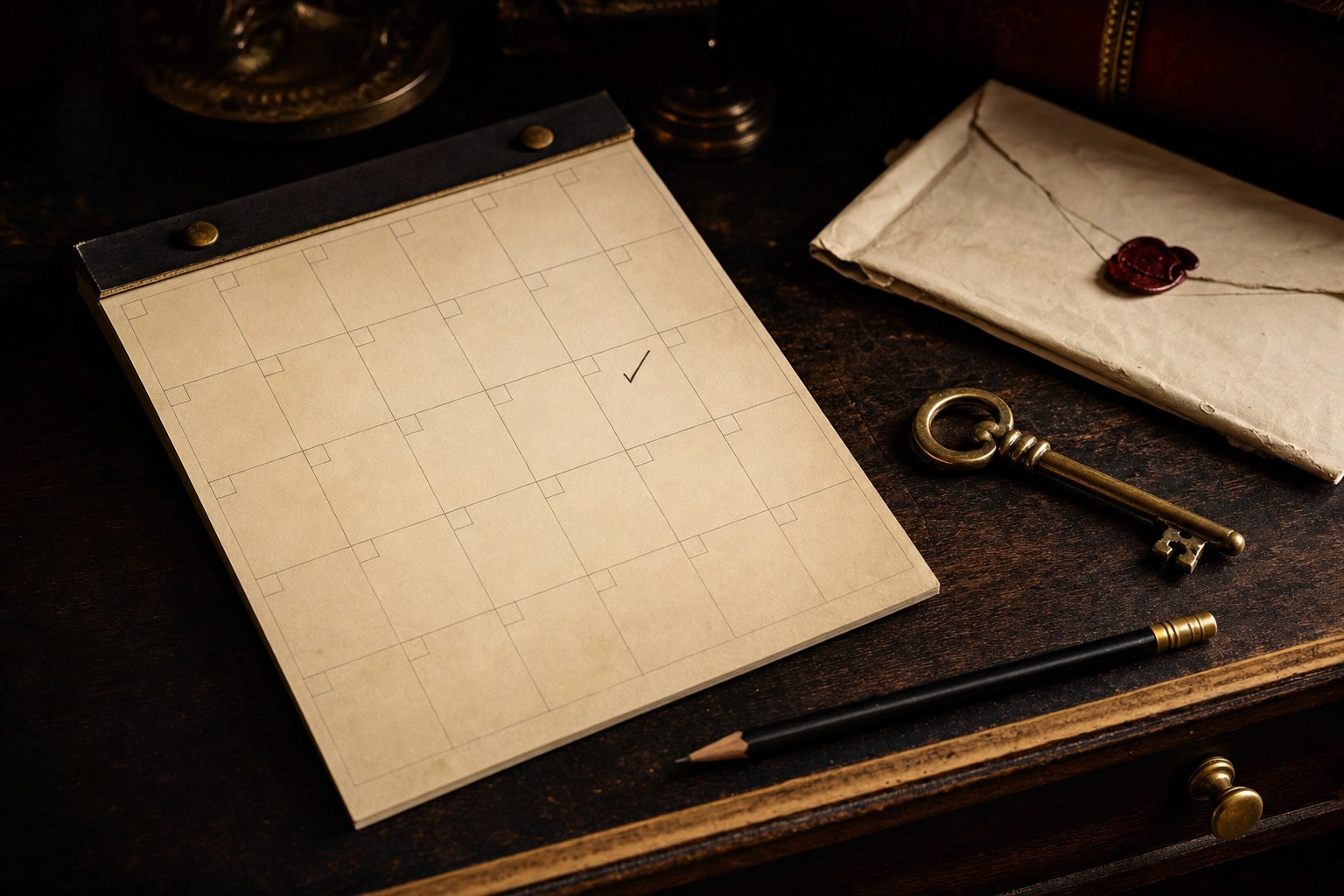 A weekly calendar and pencil on a dark wood desk