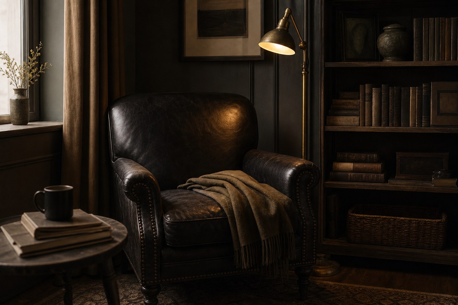 A reading chair beside a bookcase and warm lamp in a quiet room